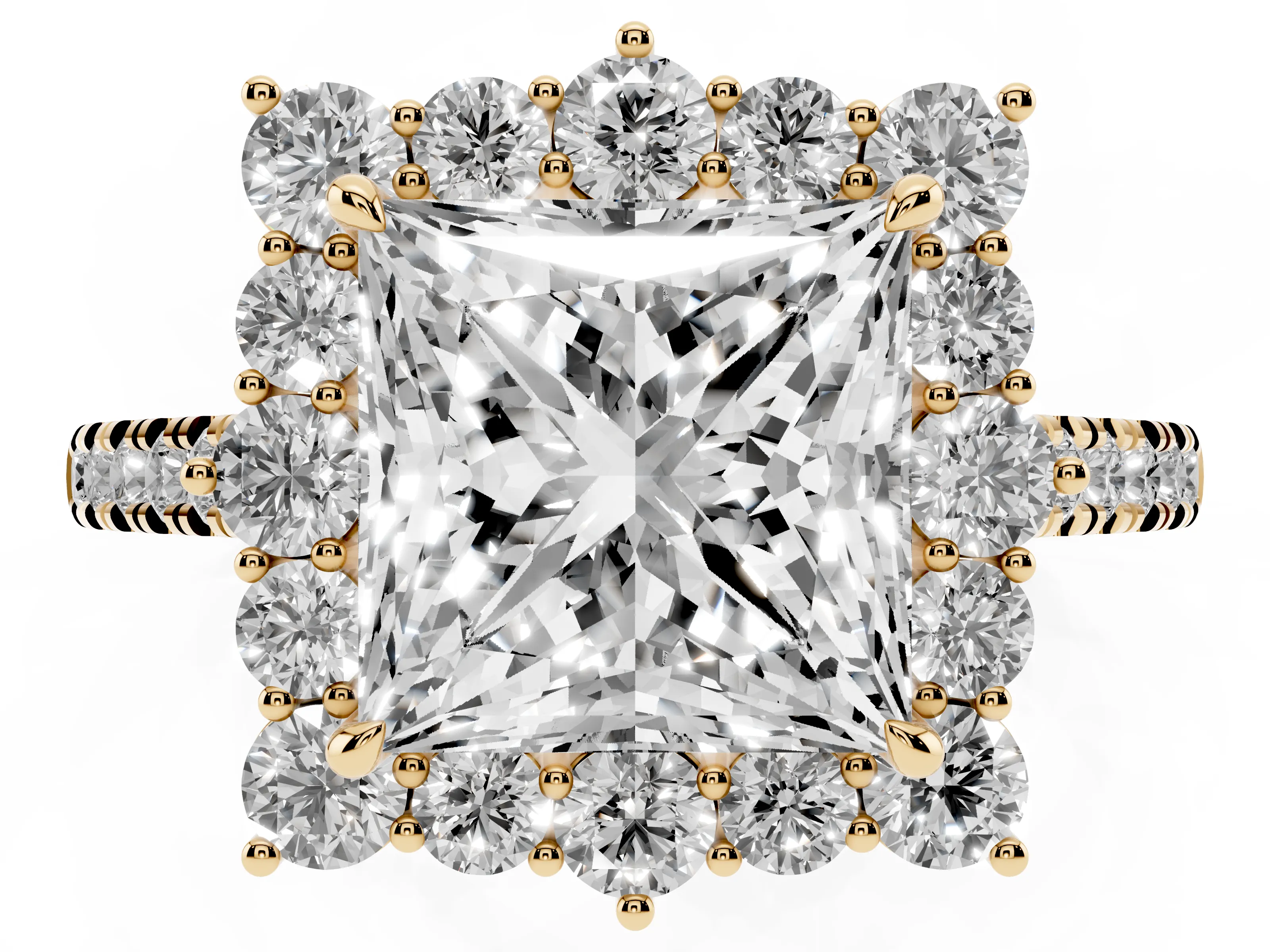 Princess Cut Diamond Halo Ring Set in Yellow gold with Pavé Band and Prong Setting