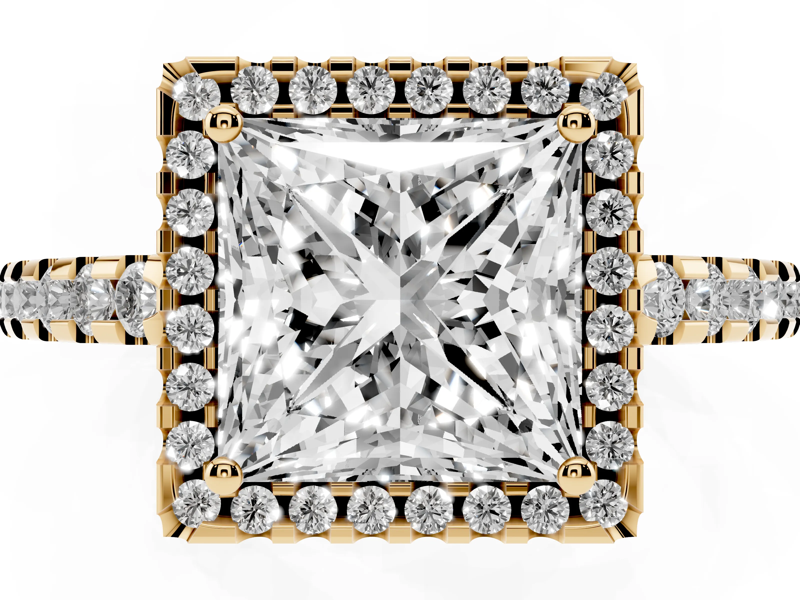 Princess Cut Diamond Halo Ring Set in Yellow gold with Pavé Shoulders and Halo-Framed Center