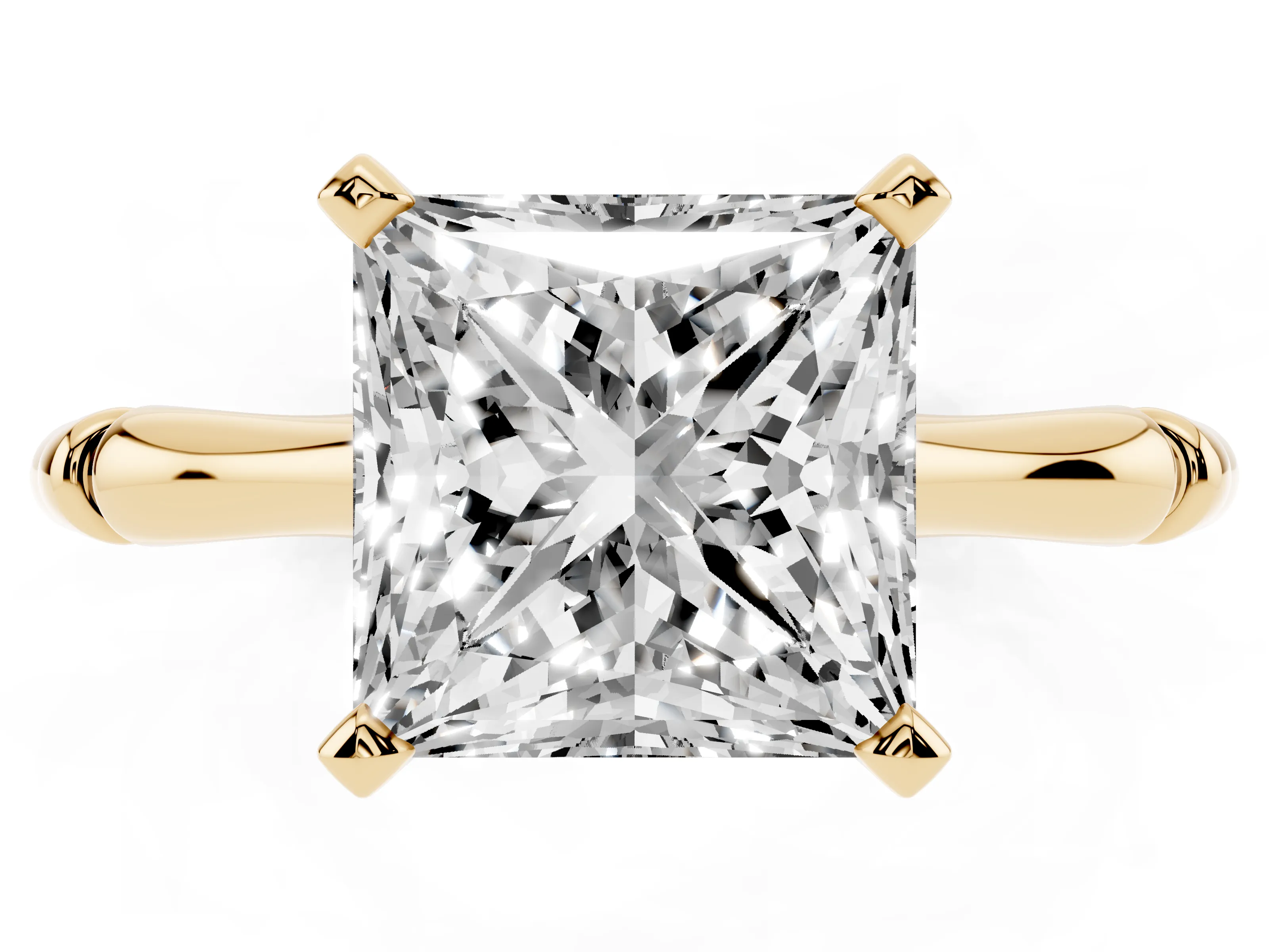 Princess Cut Diamond Solitaire Ring Set in Yellow gold with Bamboo Band and Prong Setting