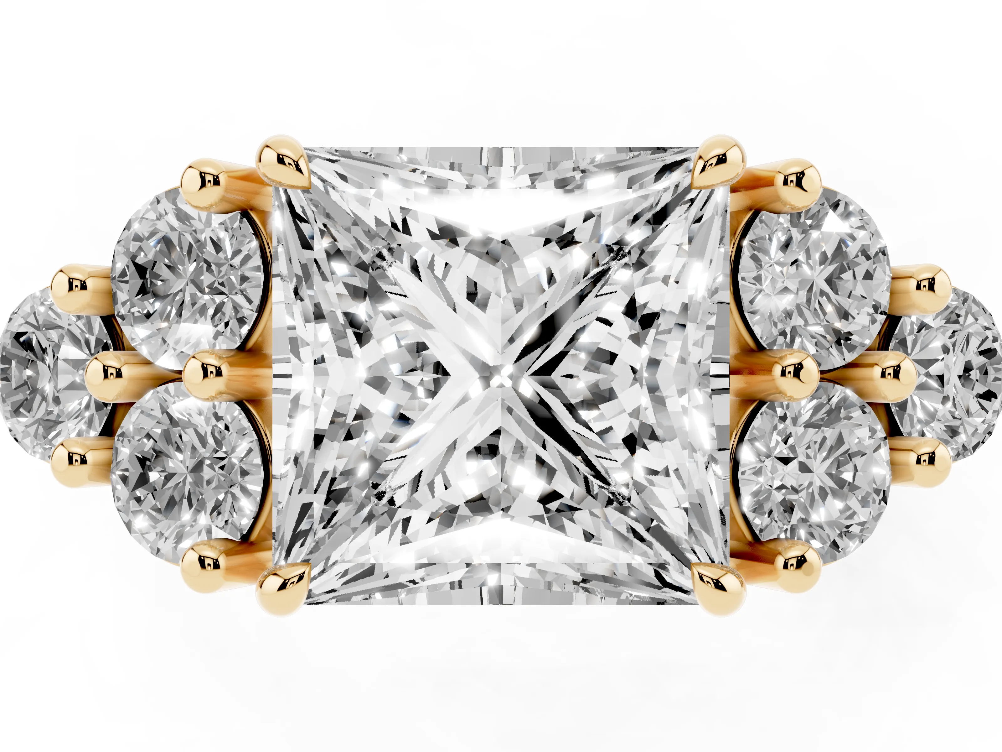 Princess Cut Diamond Solitaire Ring Set in Yellow gold with Cluster Accents on Each Side
