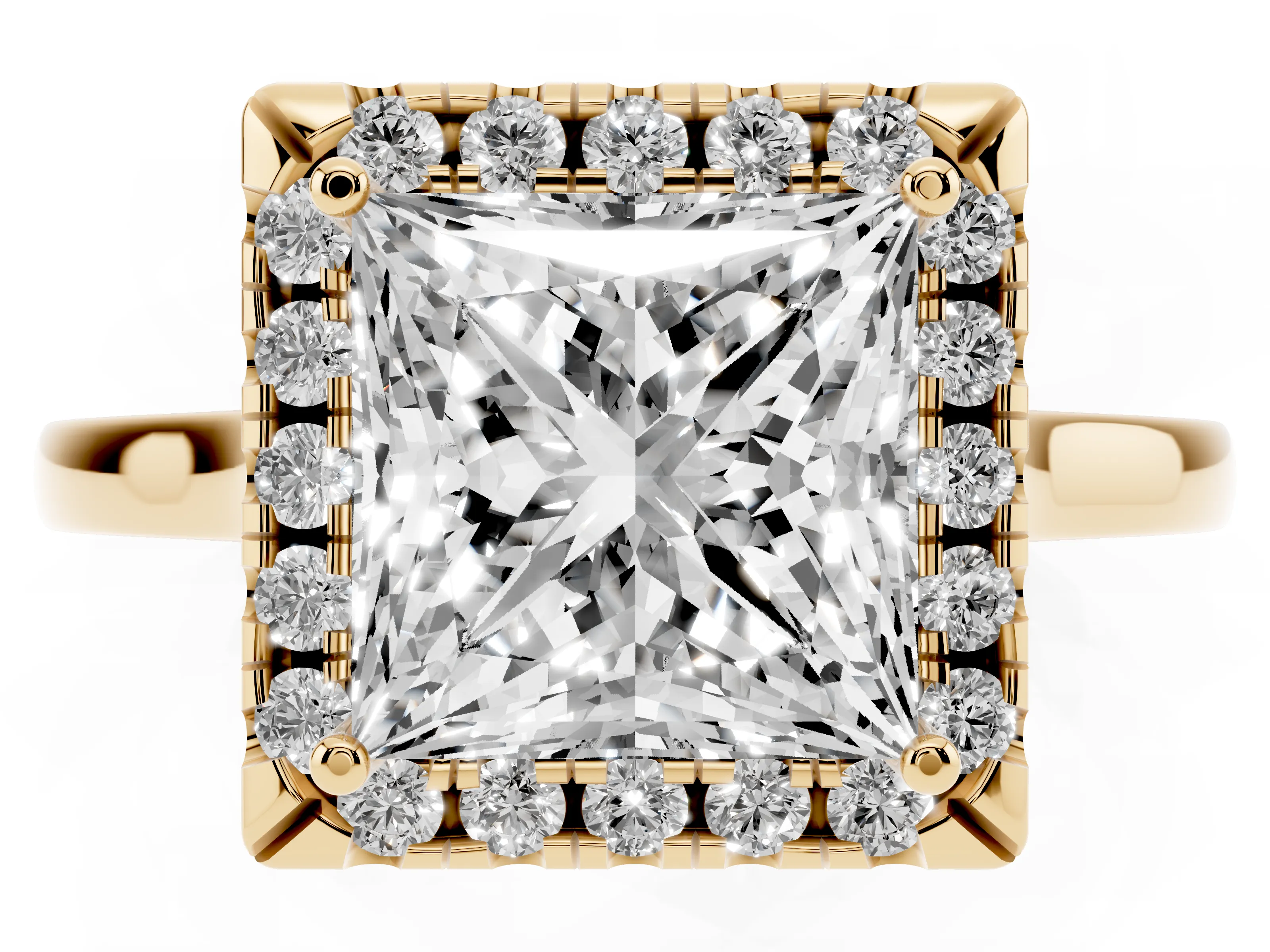 Princess Cut Halo Round Diamond Solitaire Ring Set in Yellow gold with Pavé Band and Prong Setting