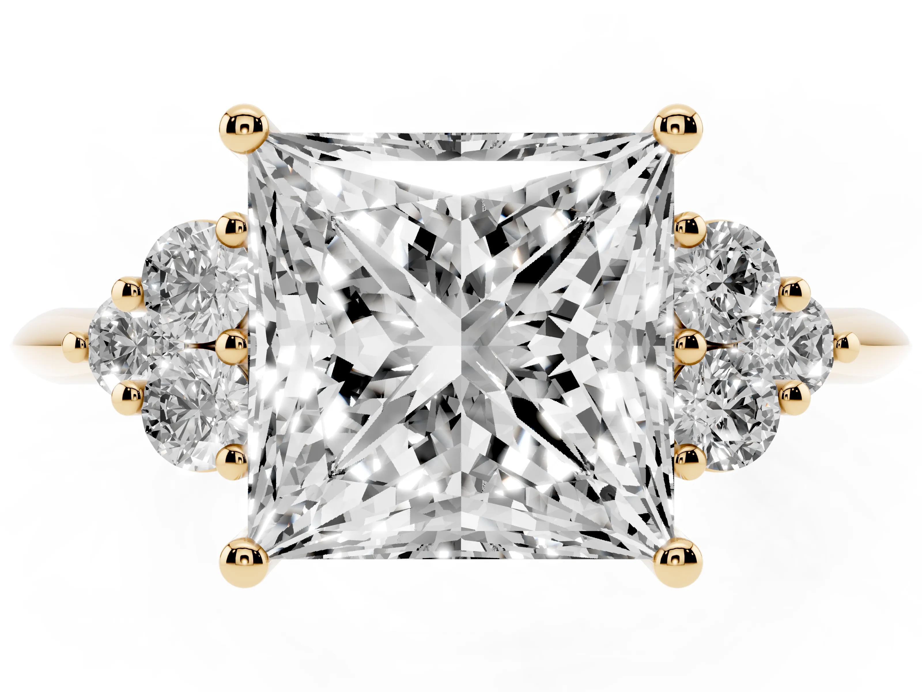 Princess Cut Diamond Cluster Ring Set in Yellow gold with Plain Band and Prong Setting