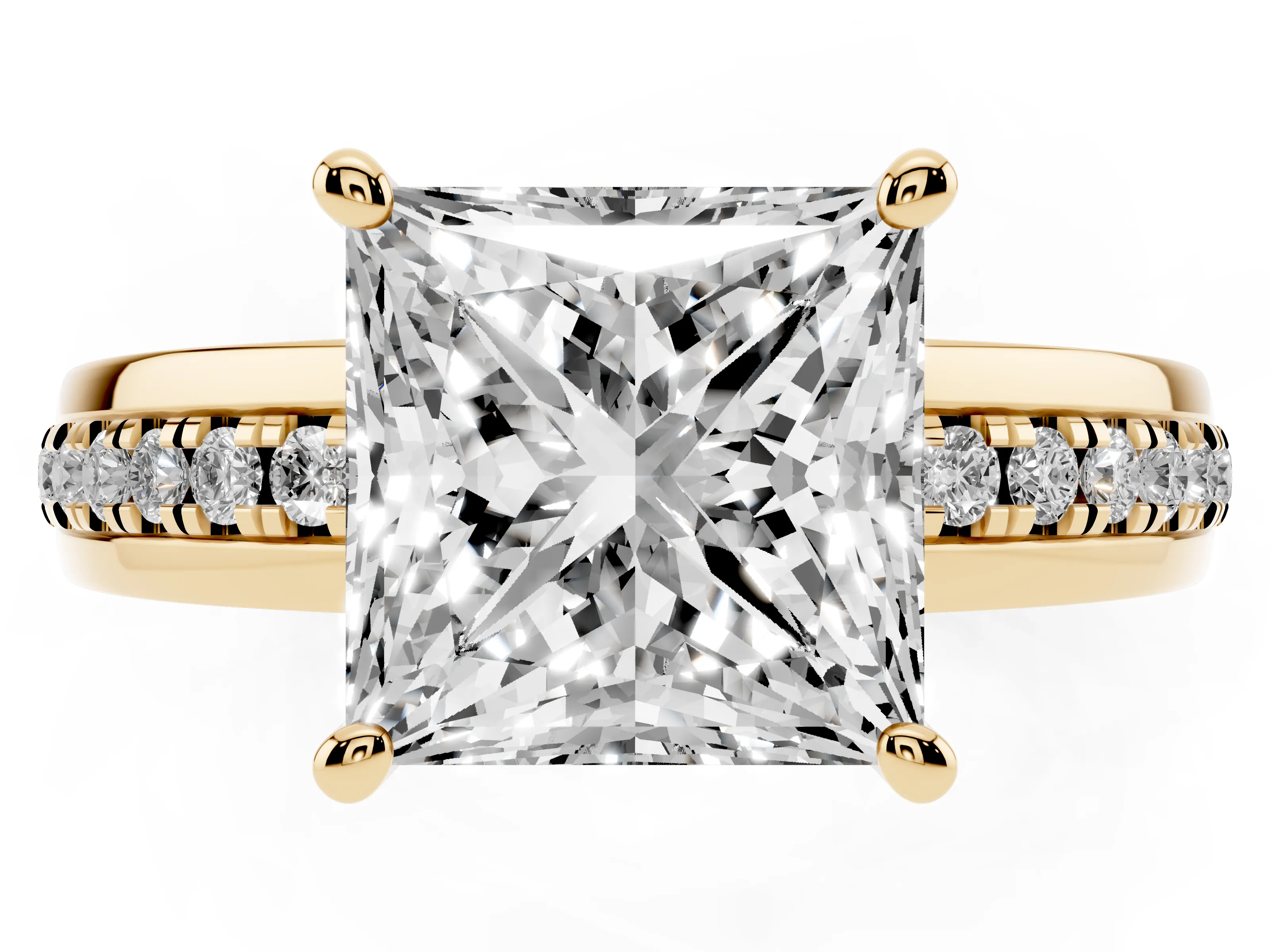 Princess Cut Diamond Solitaire Ring Set in Yellow gold with Channel Set Band and Prong Setting