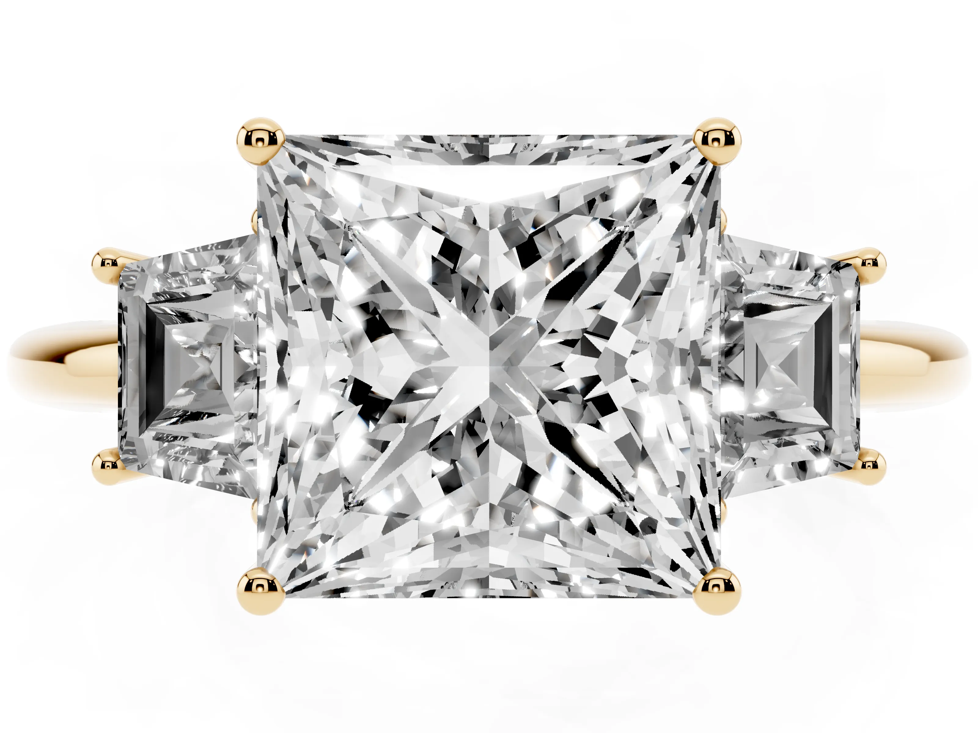 Princess Cut Diamond Three-Stone Ring Set in Yellow gold with Trapezoid Side Stones and Prong Setting