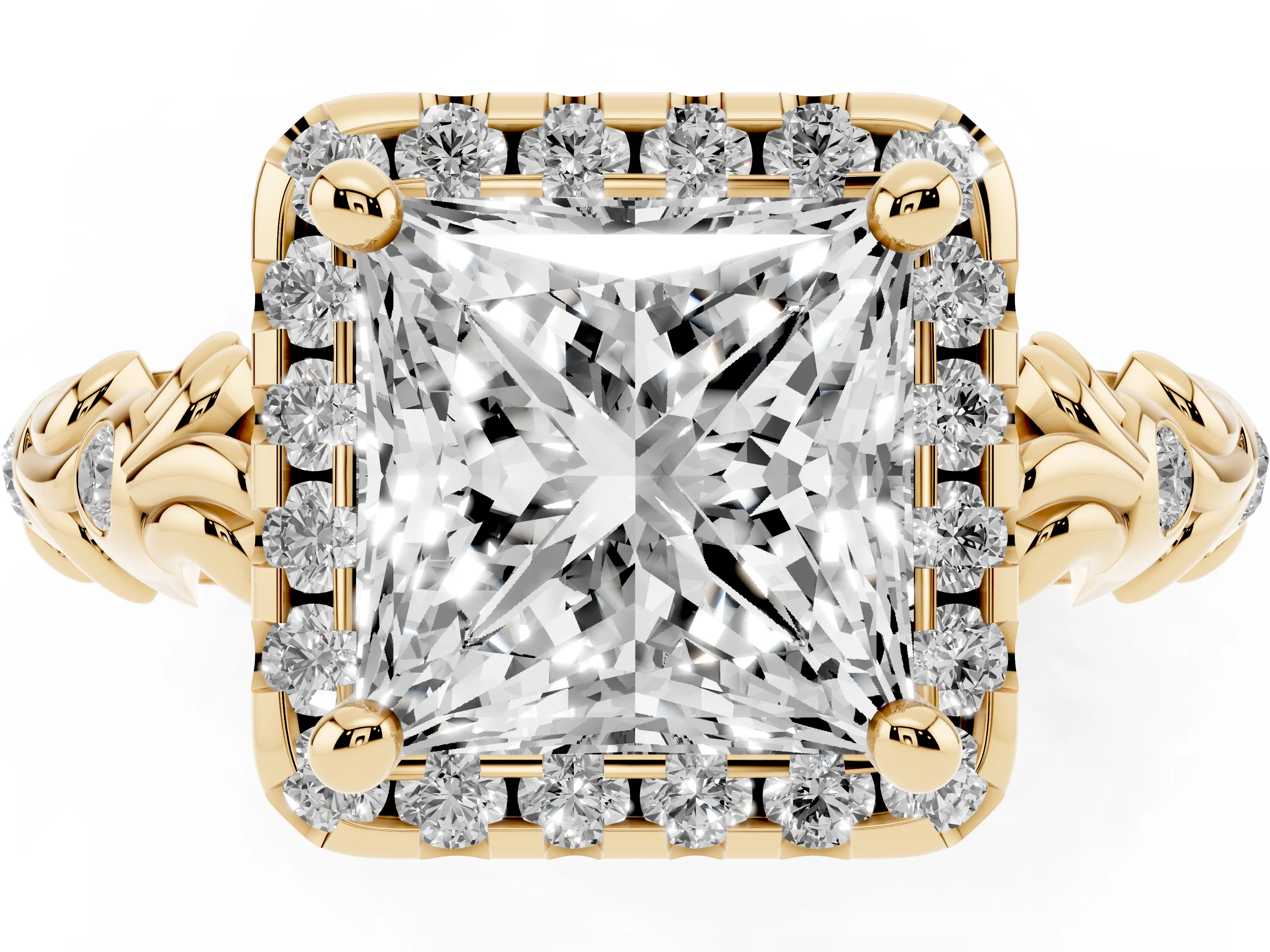 Princess Cut Diamond Halo Ring Set in Yellow gold with Filigree Leaf Band and Prong Setting
