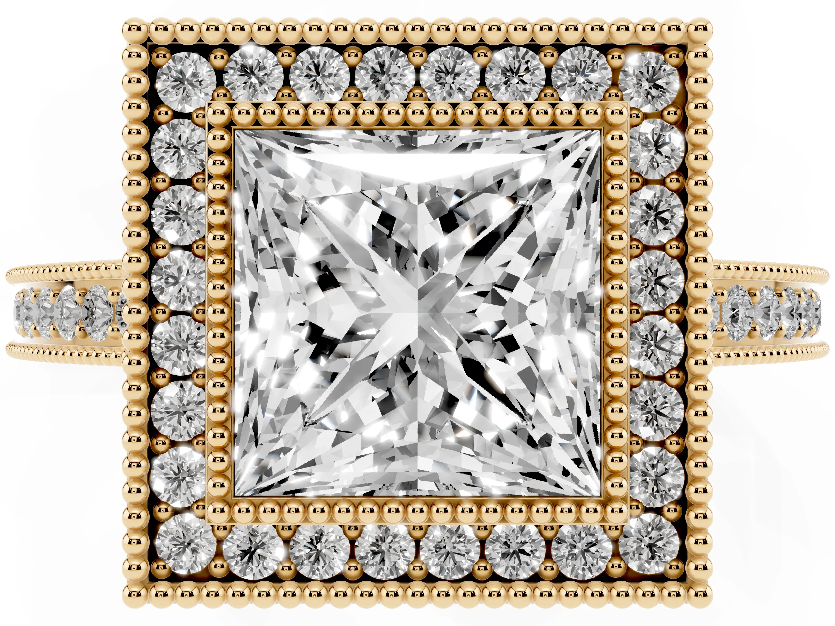 Princess Cut Diamond Halo Ring Set in Yellow gold with Pavé Band and Milgrain-Edged Prongs