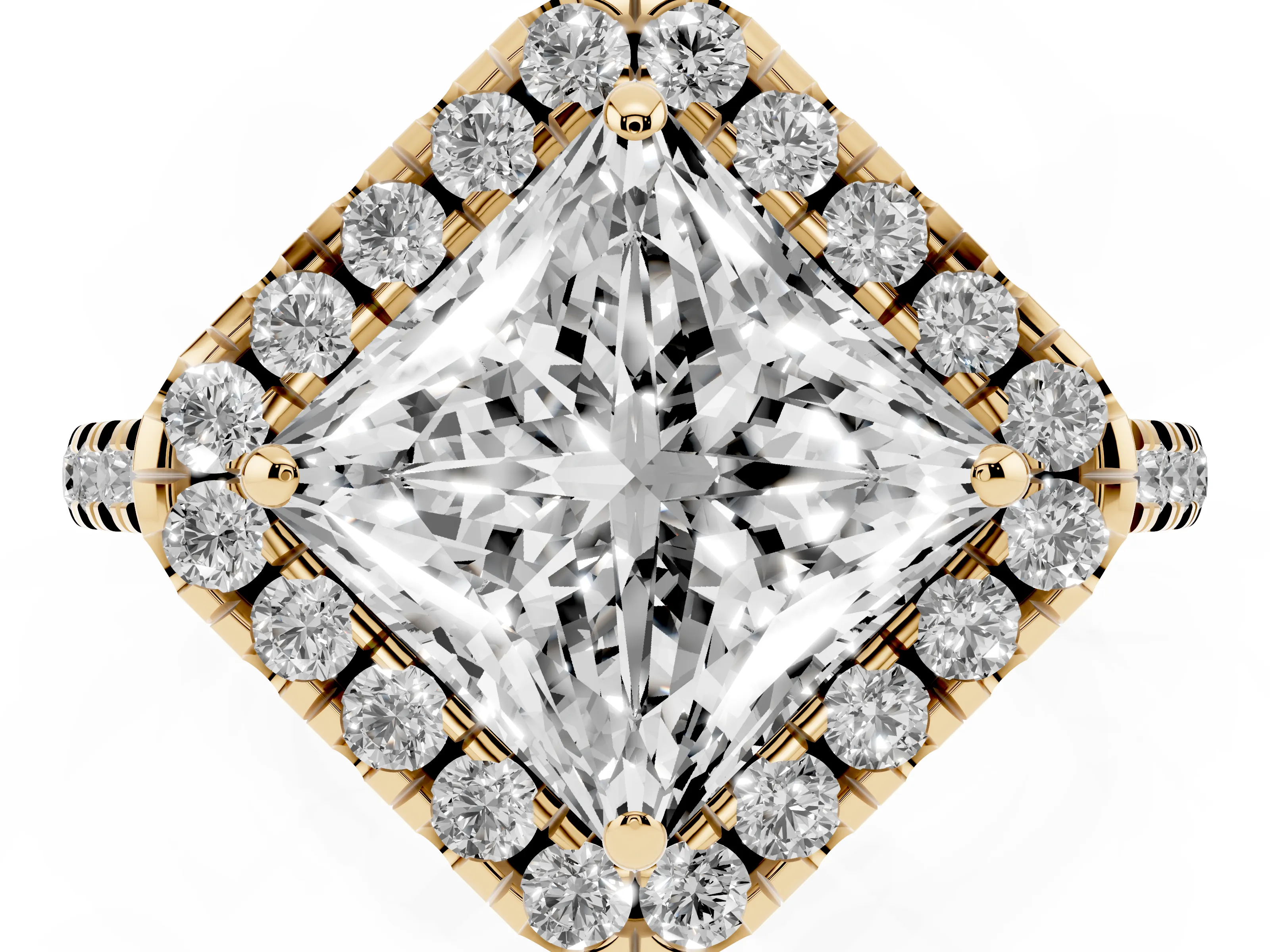 Princess Cut Diamond Cushion Halo Ring Set in Yellow gold with Pavé Band