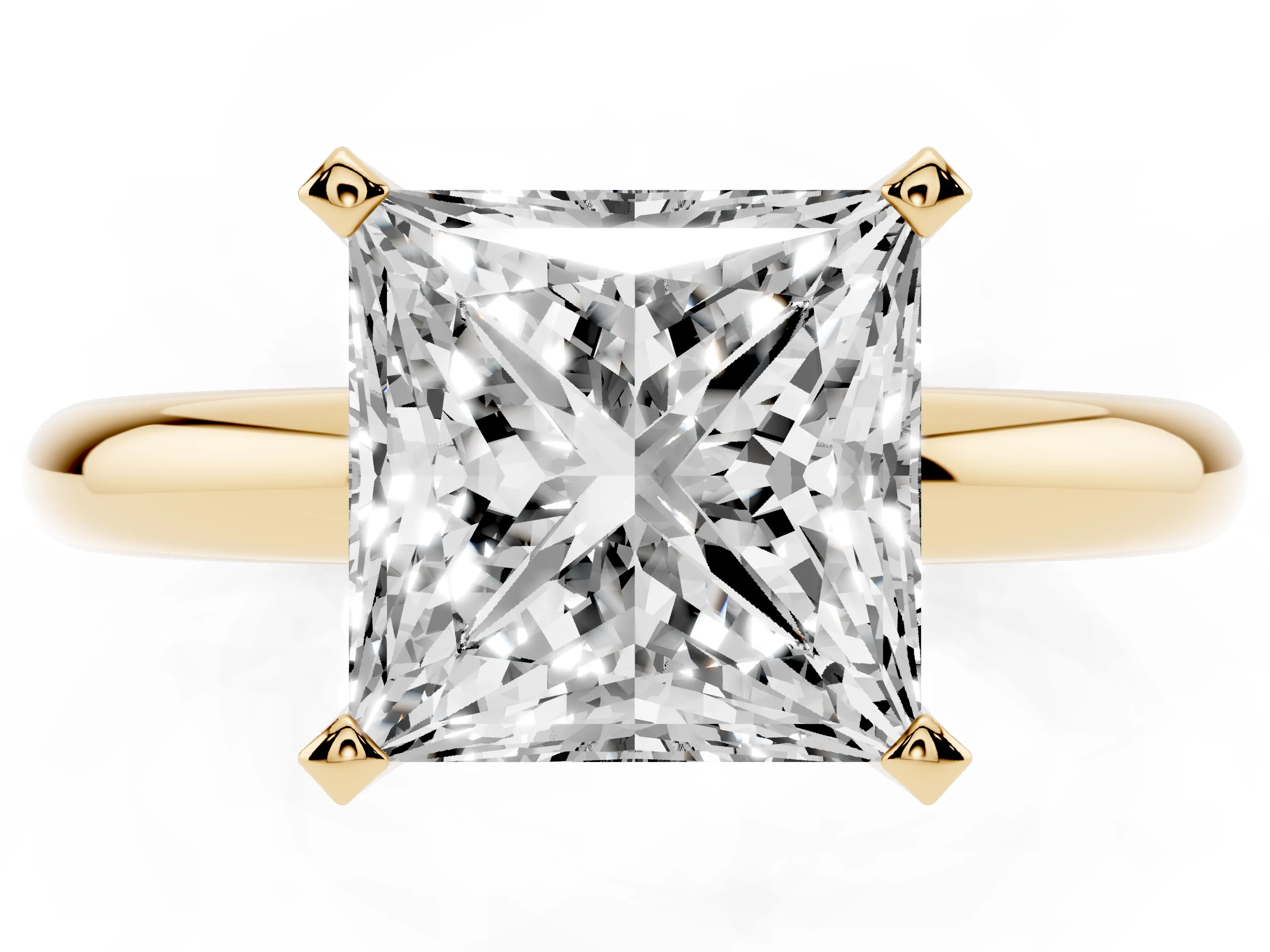 Princess Cut Diamond Solitaire Engagement Ring Set in Yellow gold with Round Band and Prong Setting