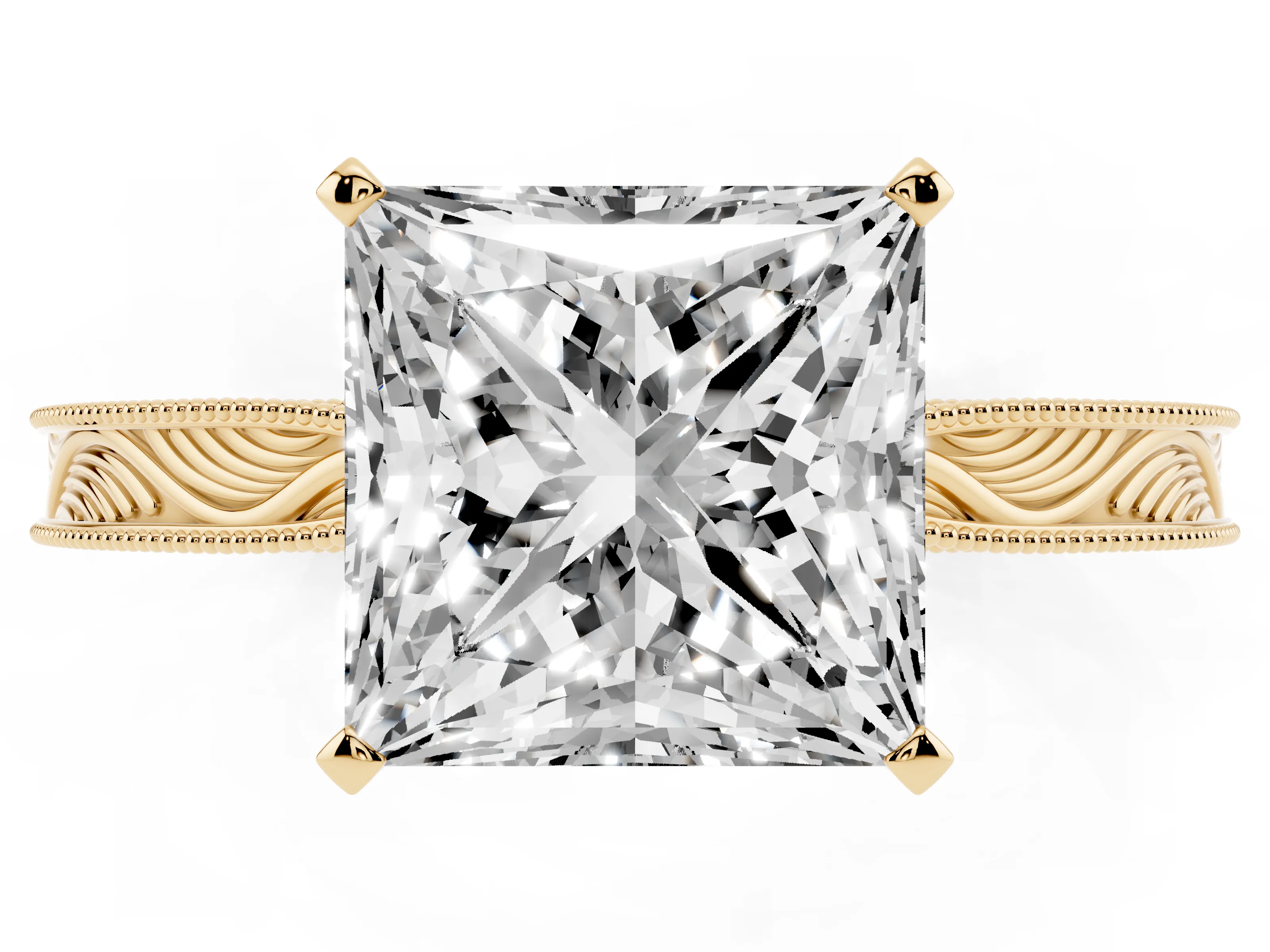 Princess Cut Diamond Solitaire Milgrain Engraved Band Set in Yellow gold with Prong Setting