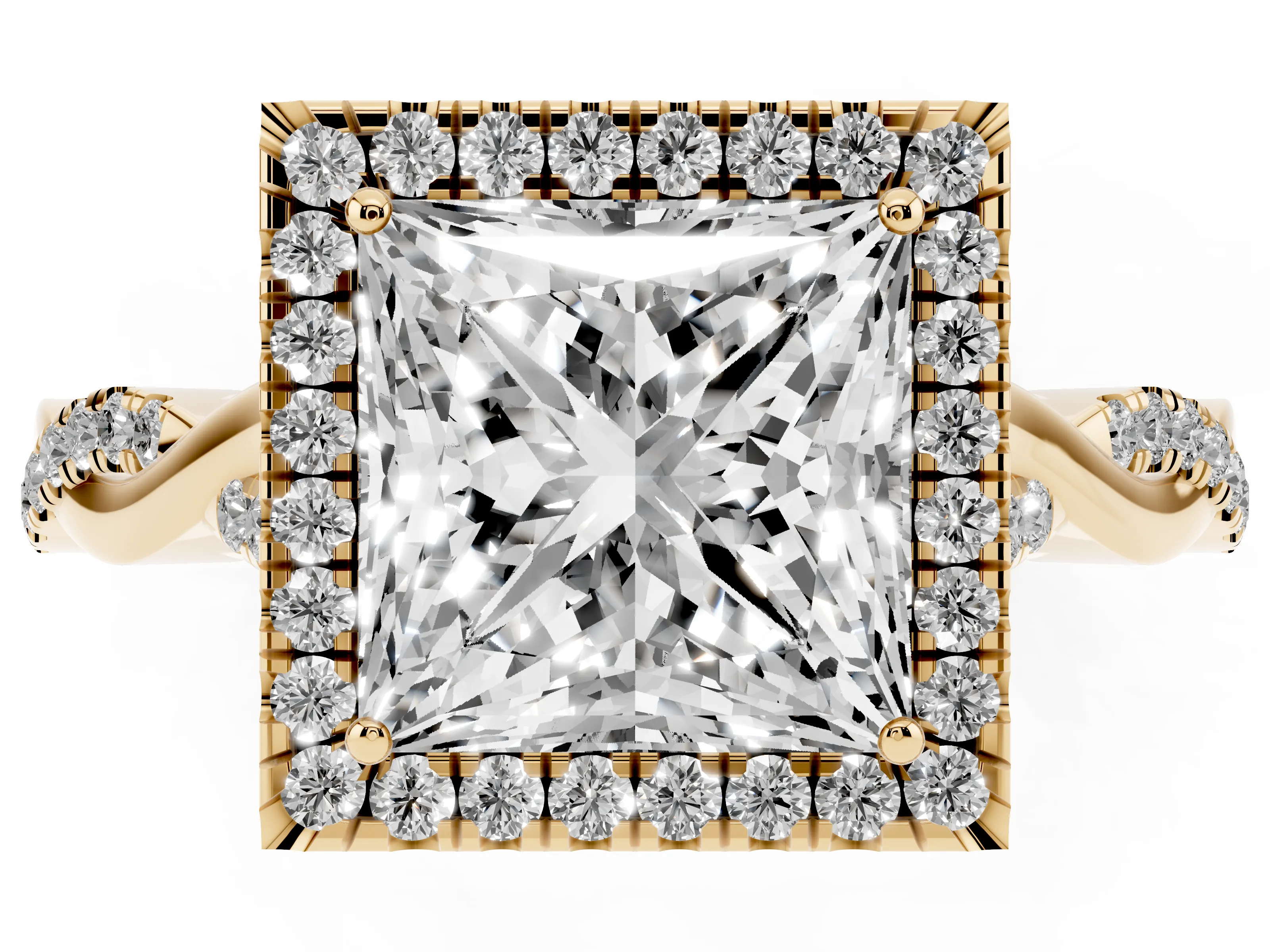 Princess Cut Diamond Halo Twist Band Solitaire Ring Set in Yellow gold with Prong Setting