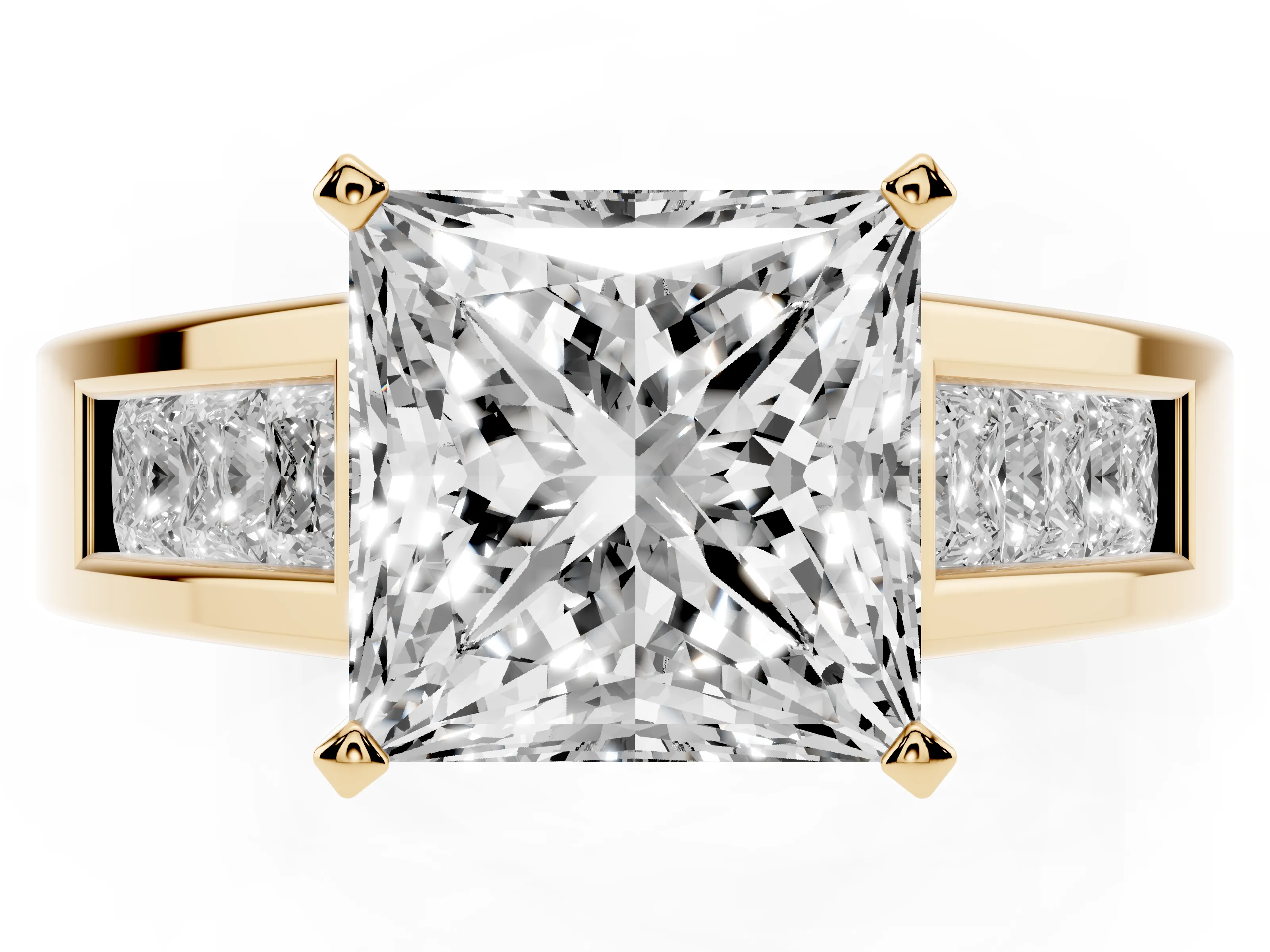Princess Cut Diamond Solitaire Ring Set in Yellow gold with Channel-Set Accent Stones and Prong Setting
