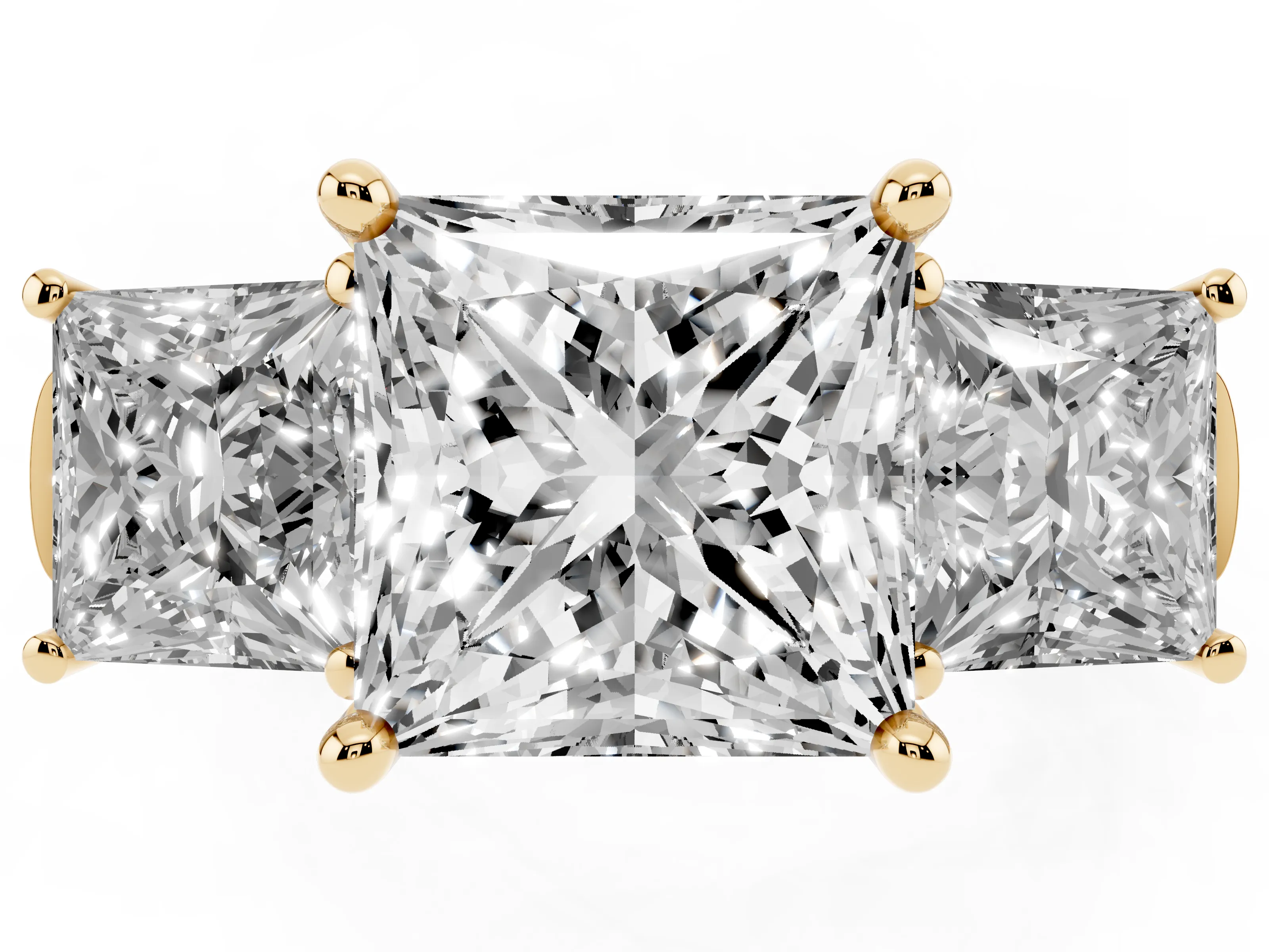 Princess Cut Diamond Three-Stone Trellis Ring Set in Yellow gold with Comfort Fit Band