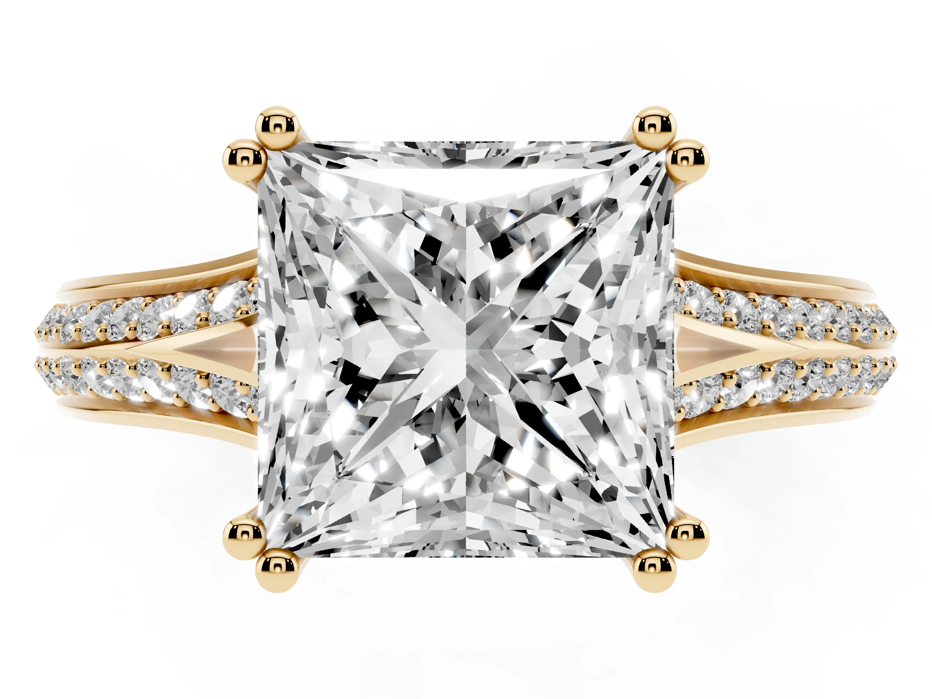 Princess Cut Diamond Split Shank Pavé Engagement Ring Set in Yellow gold with Prong-Set Center Stone