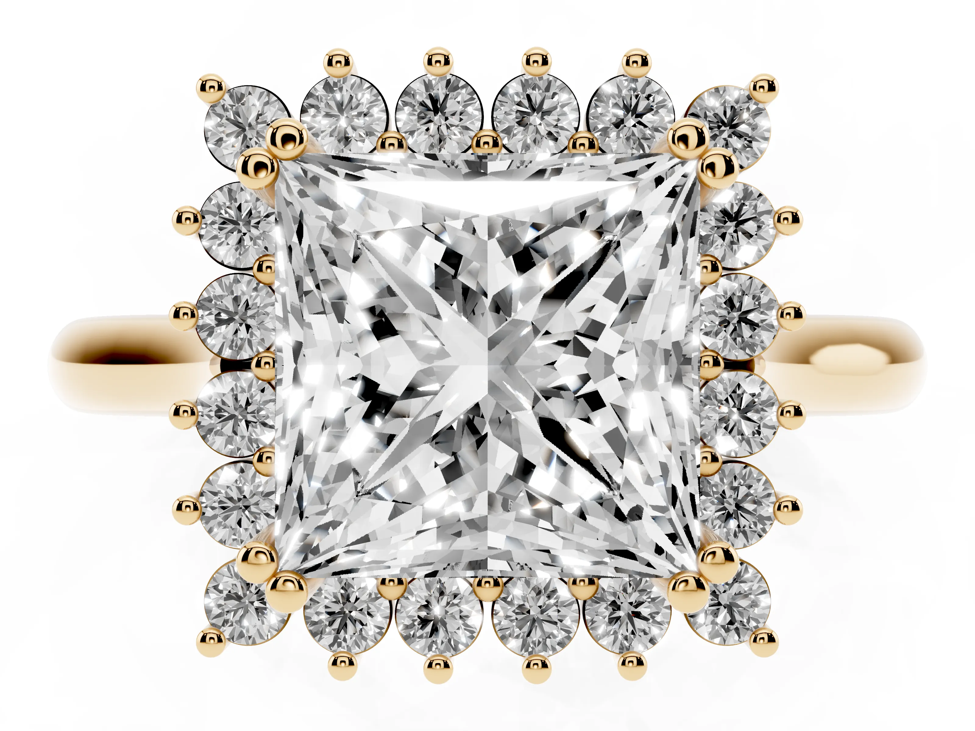 Princess Cut Diamond Halo Ring Set in Yellow gold with Plain Solitaire Band and Prong Setting