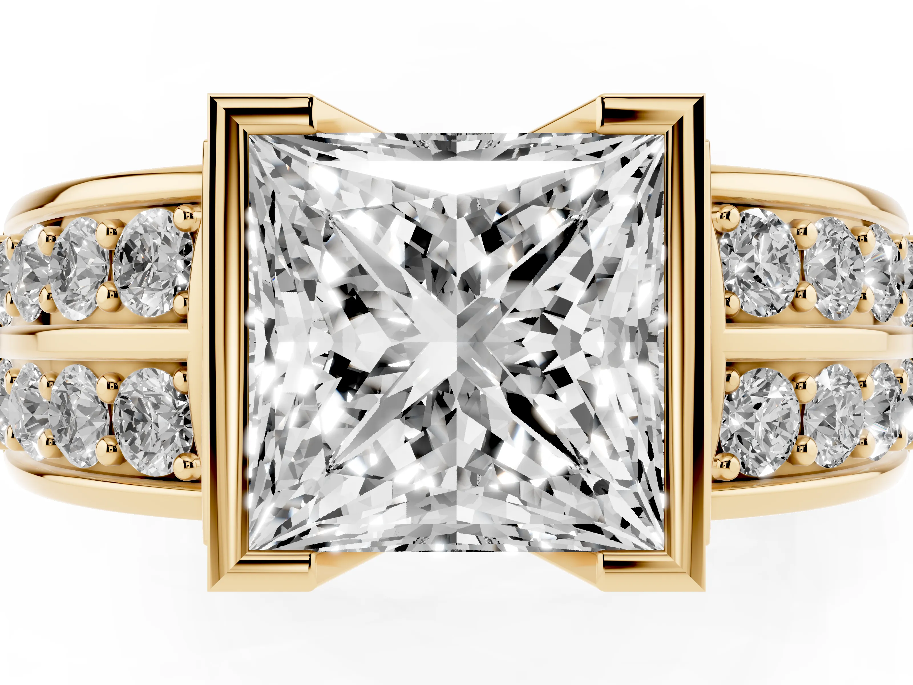 Princess Cut Diamond Wide Channel Set Band Ring Set in Yellow gold with Bezel Setting