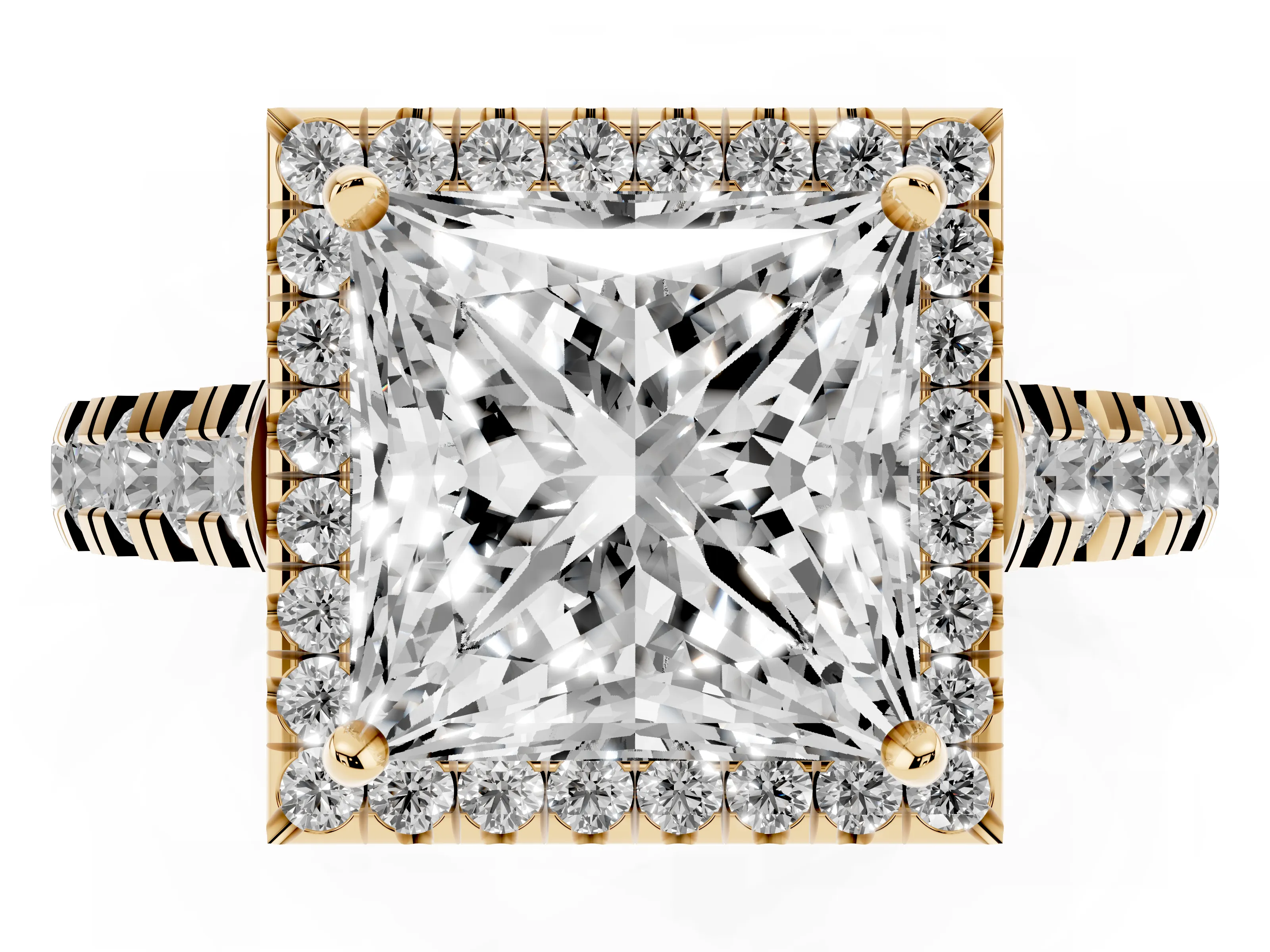 Princess Cut Diamond Halo Engagement Ring Set in Yellow gold with Pavé Band and Prong-Set Center