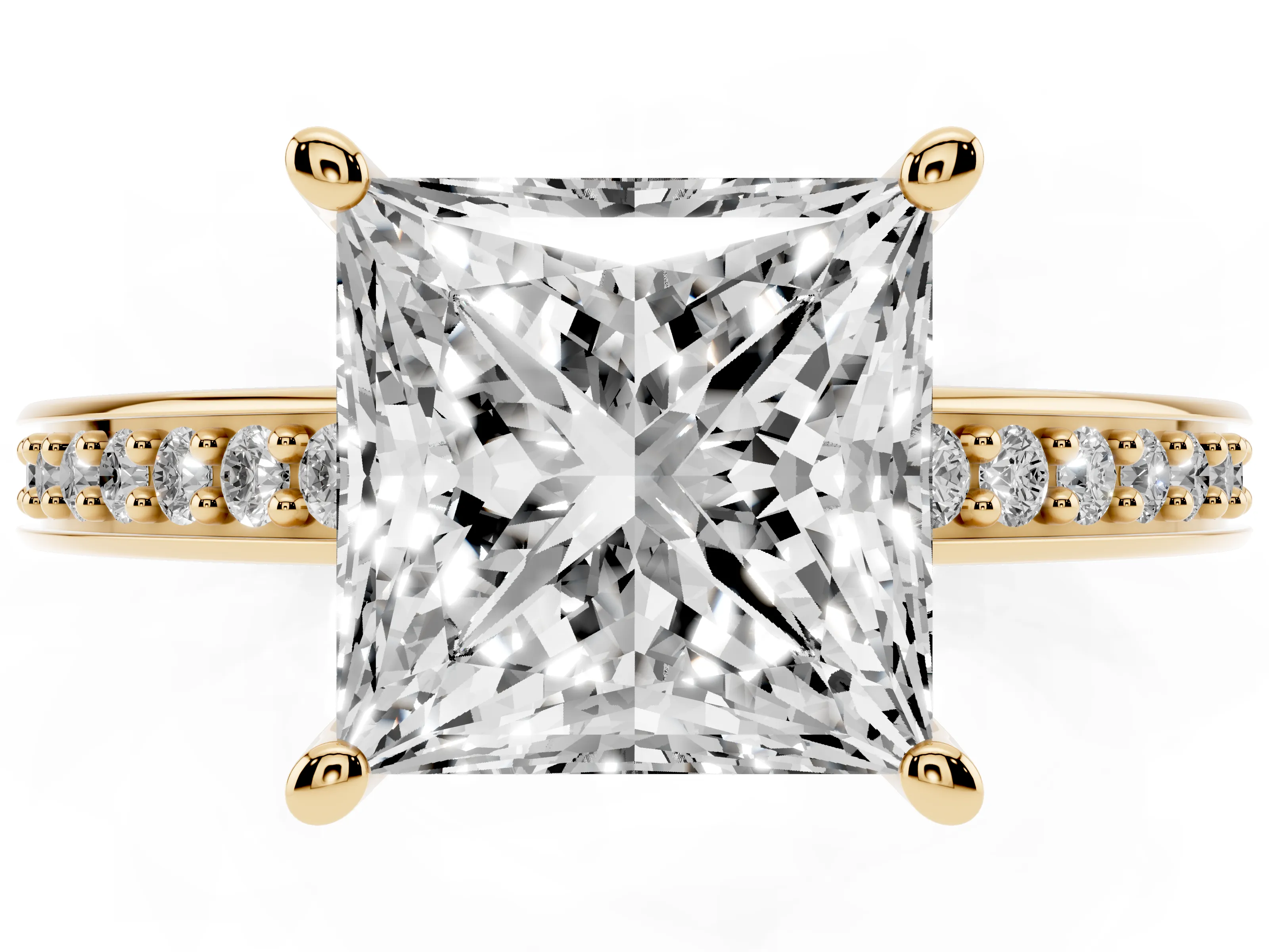 Princess Cut Diamond Pavé Band Prong Set Solitaire Ring Set in Yellow gold