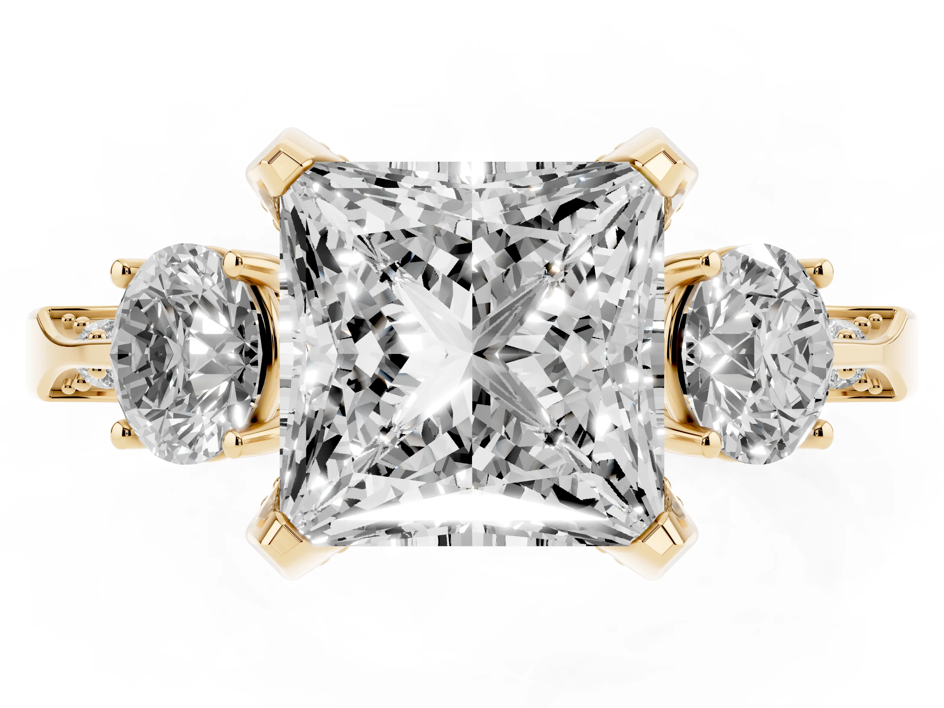 Princess Cut Diamond Three-Stone Ring Set in Yellow gold with Pavé Band and Smaller Side Stones
