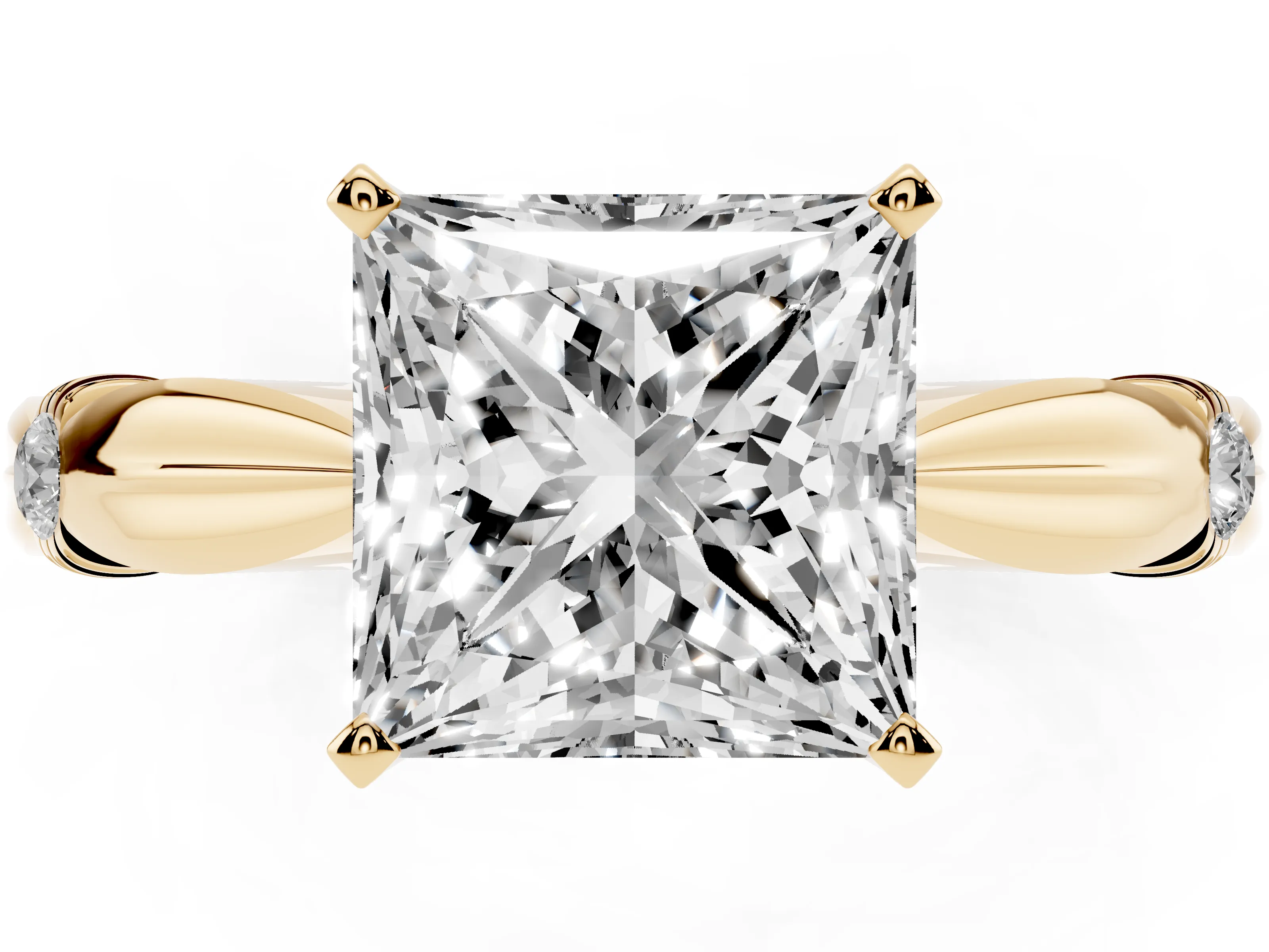 Princess Cut Diamond Solitaire Twisted Band Ring Set in Yellow gold with Accent Stones and Prong Setting