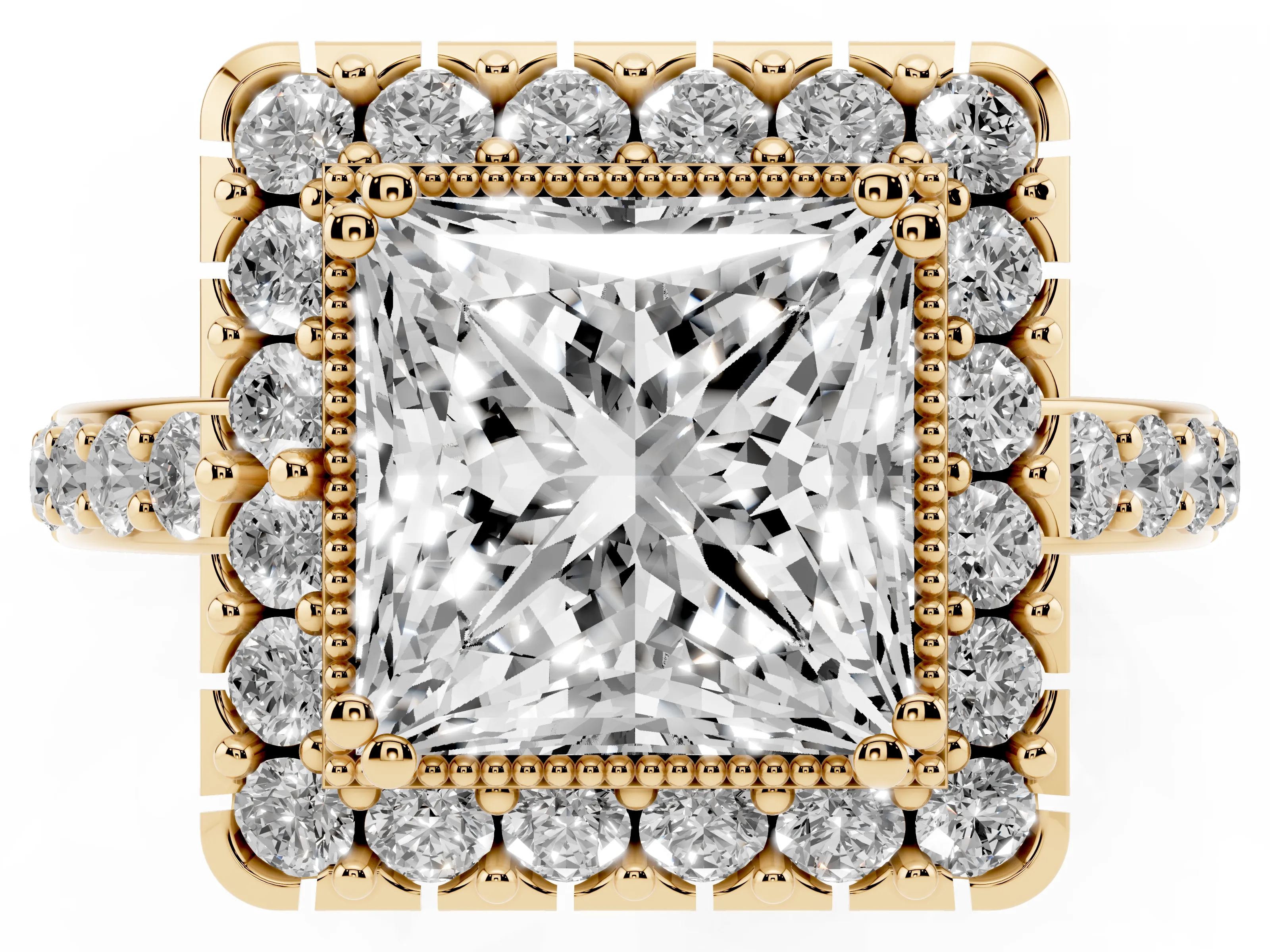 Princess Cut Diamond Halo Ring Set in Yellow gold with Pavé Shank and Prong Setting