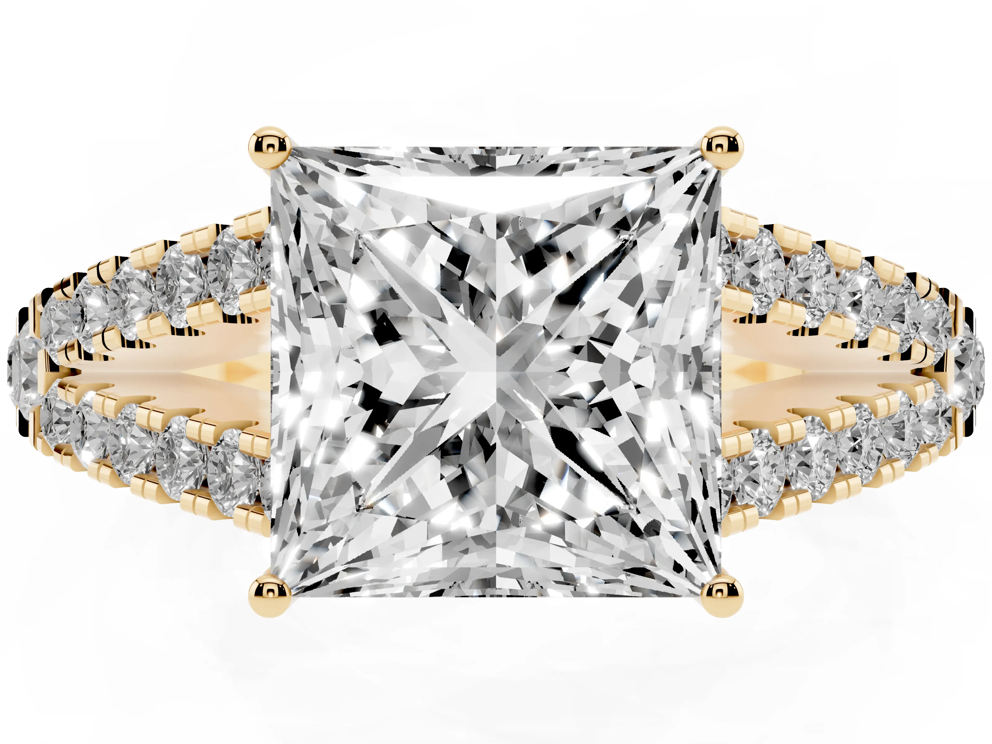 Princess Cut Diamond Split Shank Pavé Engagement Ring Set in Yellow gold with Prong-Held Center Stone