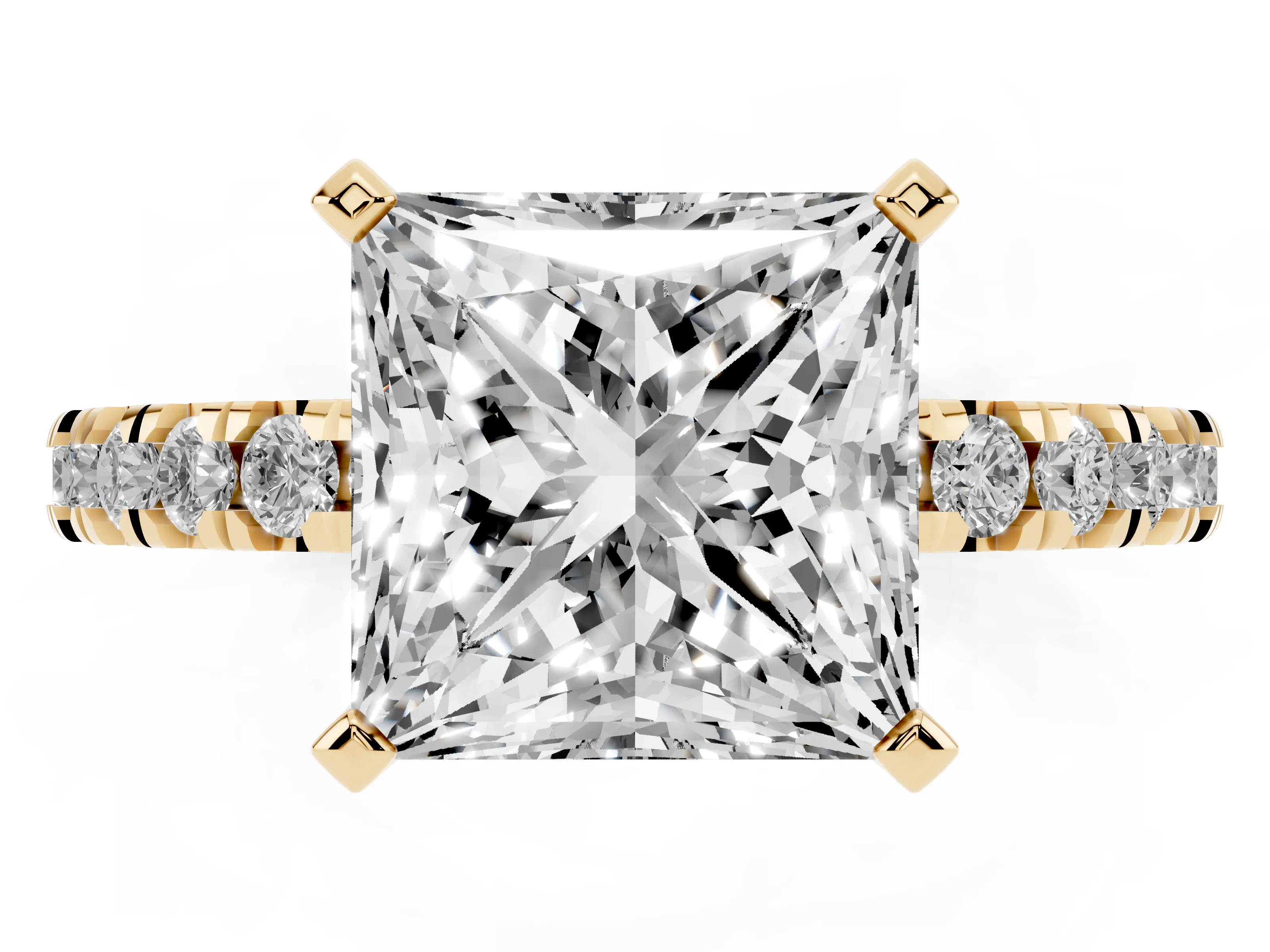 Princess Cut Diamond Pavé Band Solitaire Set in Yellow gold with Prong Setting