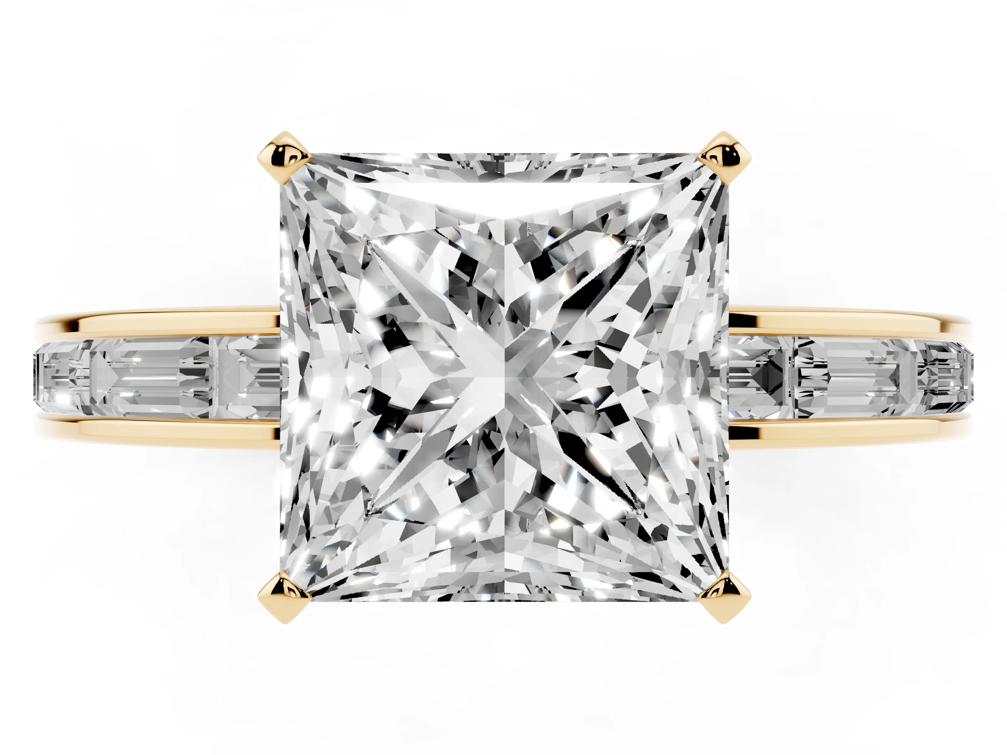 Princess Cut Diamond Solitaire Ring Set in Yellow gold with Channel-Set Baguette Band and Prong Setting