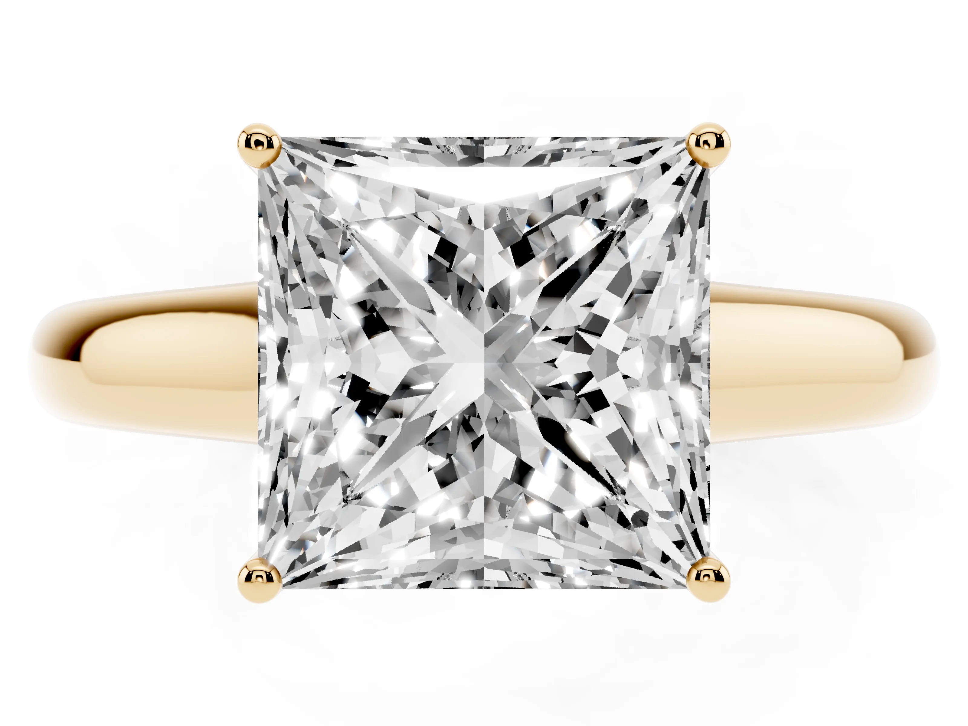 Princess Cut Diamond Solitaire Engagement Ring Set in Yellow gold with Subtly Tapered Band and Prong Setting