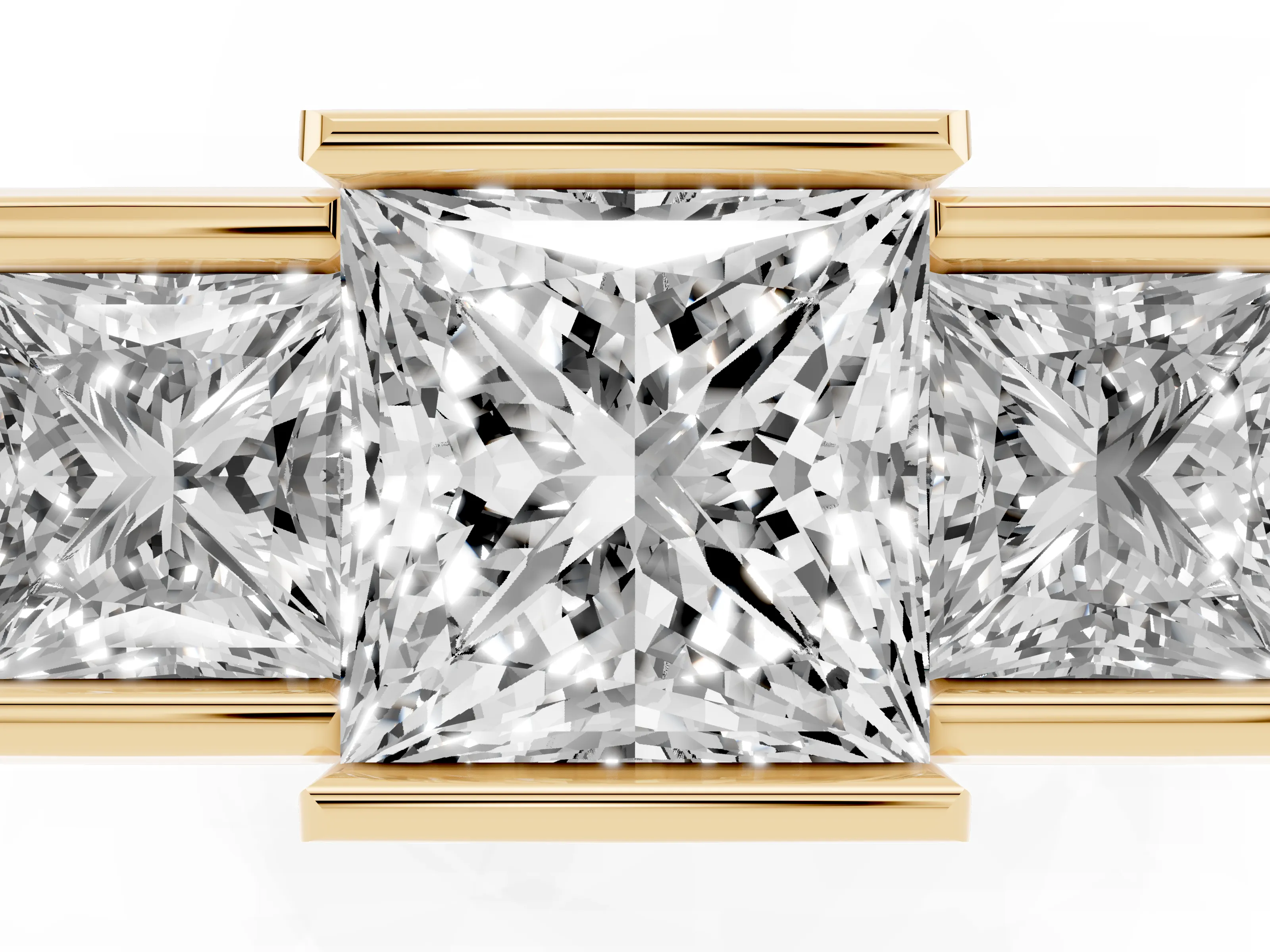 Princess Cut Diamond Three-Stone Channel Set Ring Set in Yellow gold with Smooth Polished Band