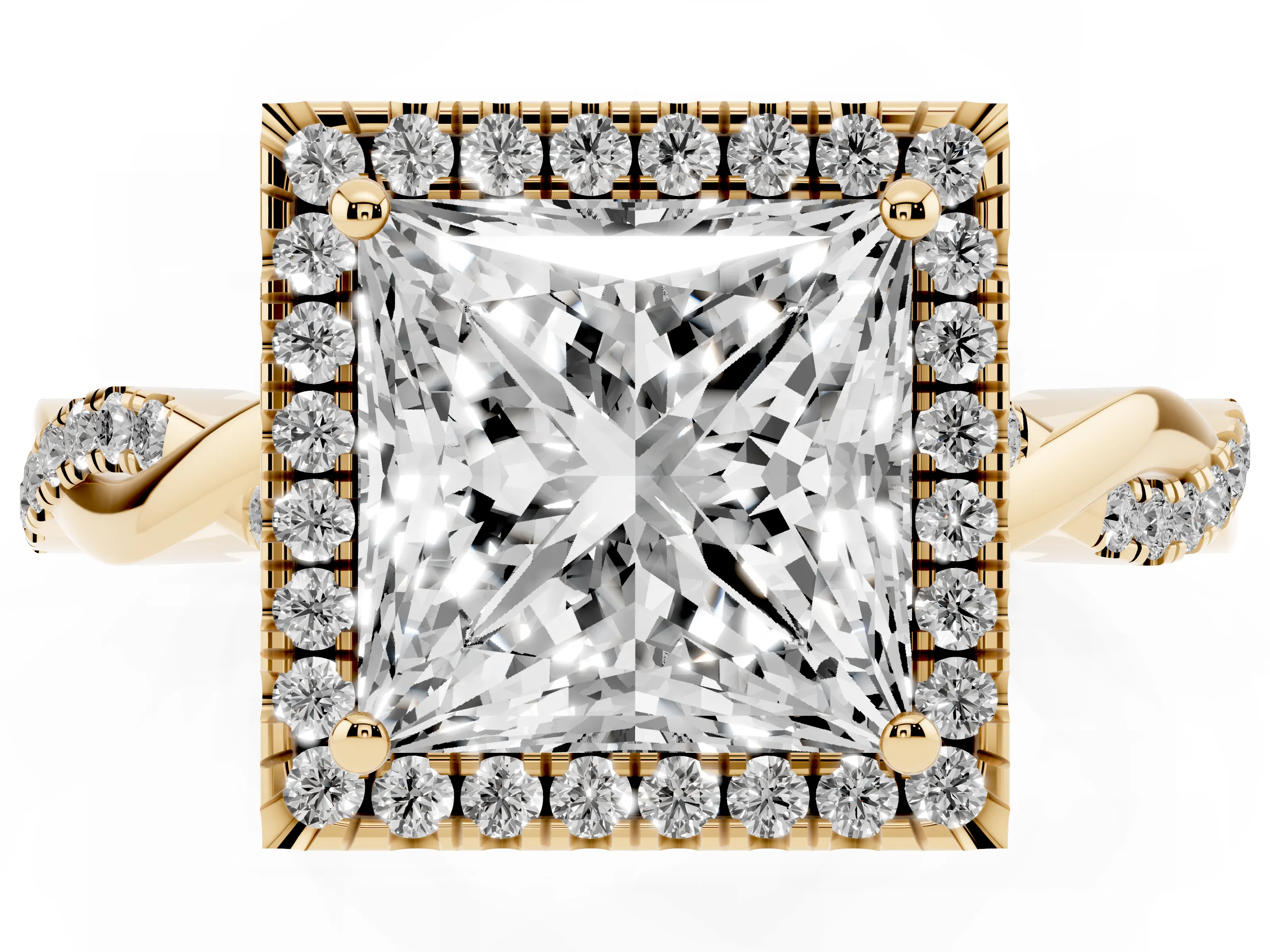 Princess Cut Diamond Halo Twisted Band Ring Set in Yellow gold with Prong Setting