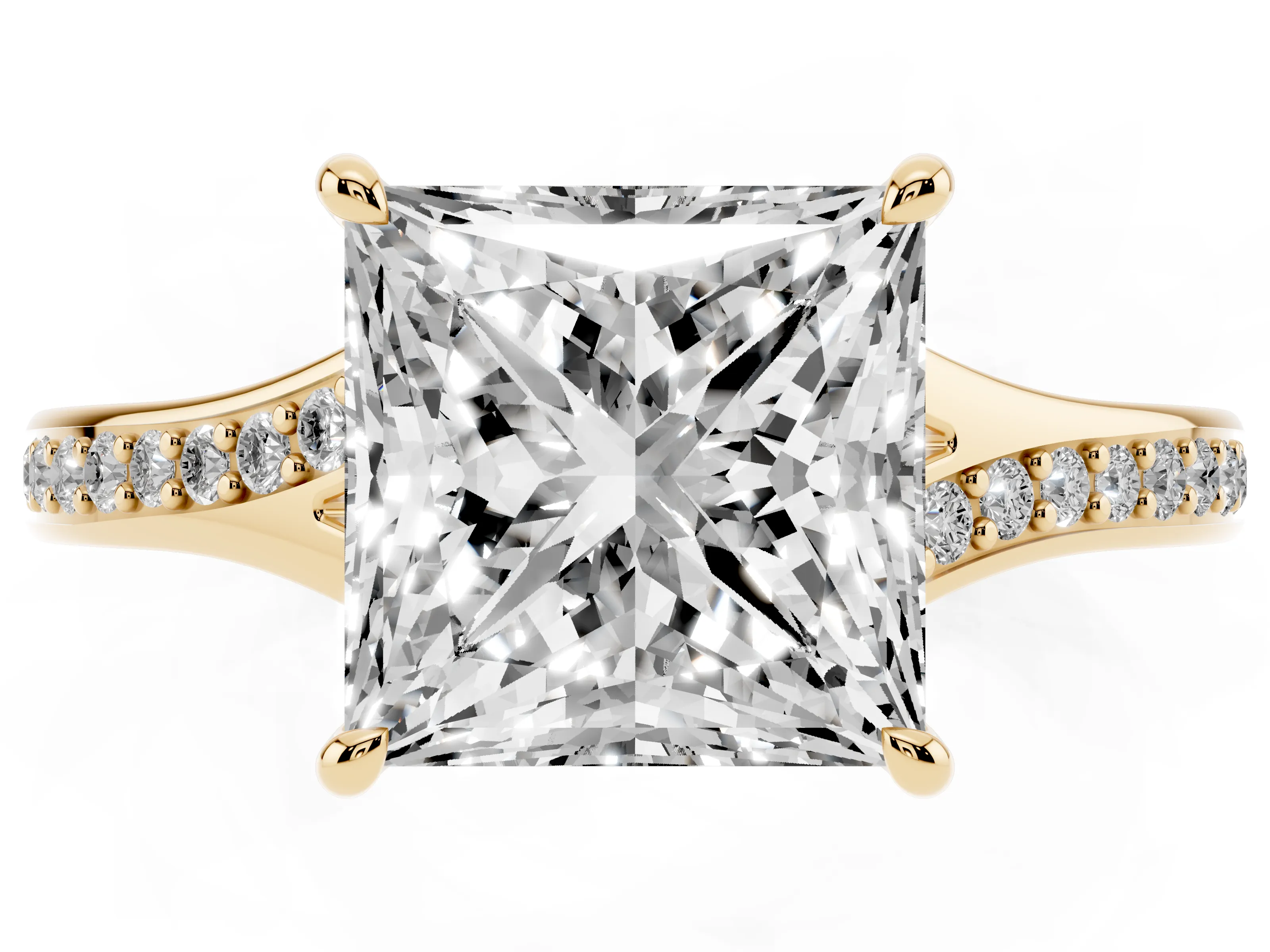Princess Cut Diamond Solitaire Ring Set in Yellow gold with Pavé Accent Band and Classic Prong Setting