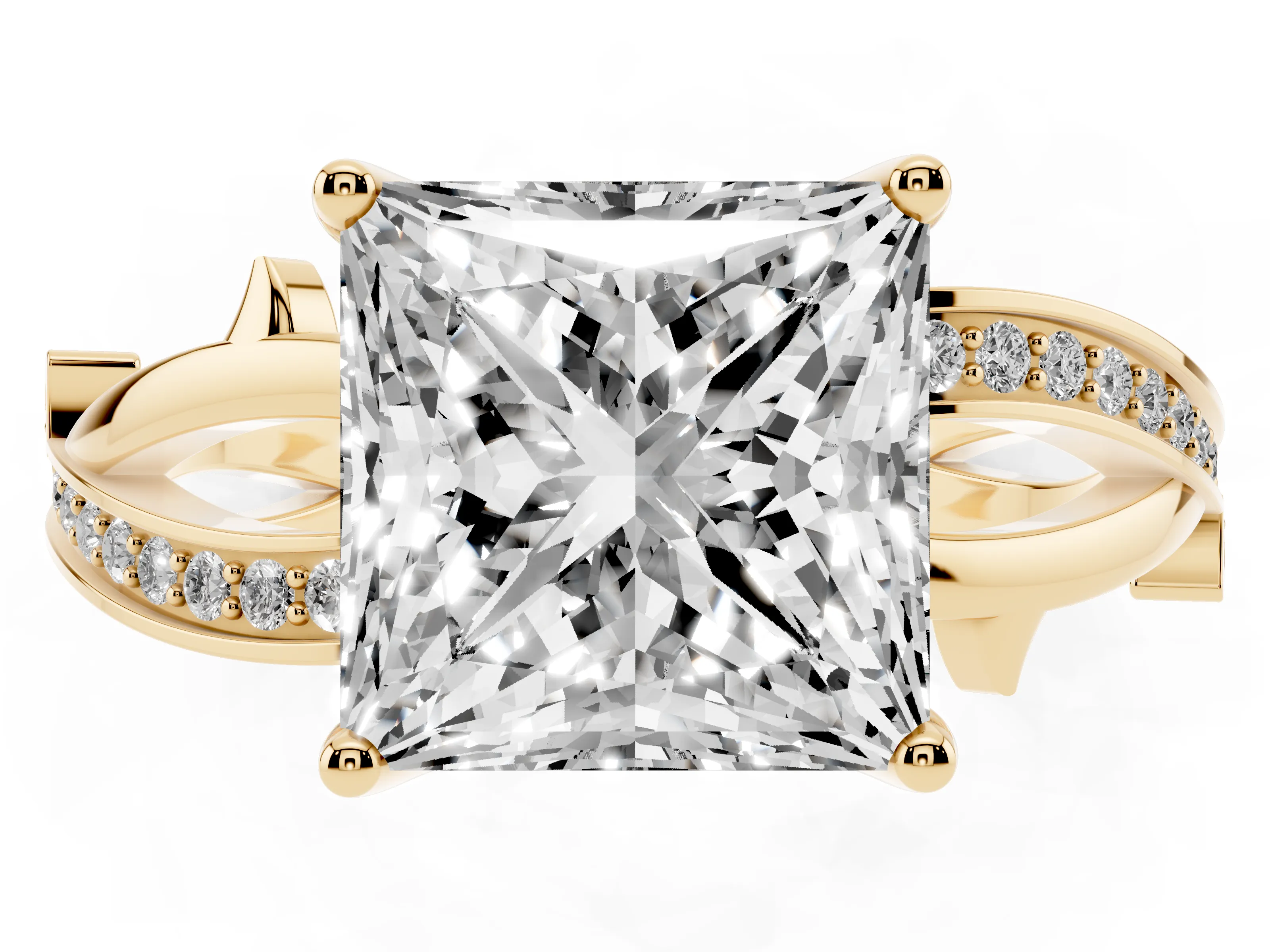 Princess Cut Diamond Pavé Twist Band Solitaire Ring Set in Yellow gold with Prong Setting
