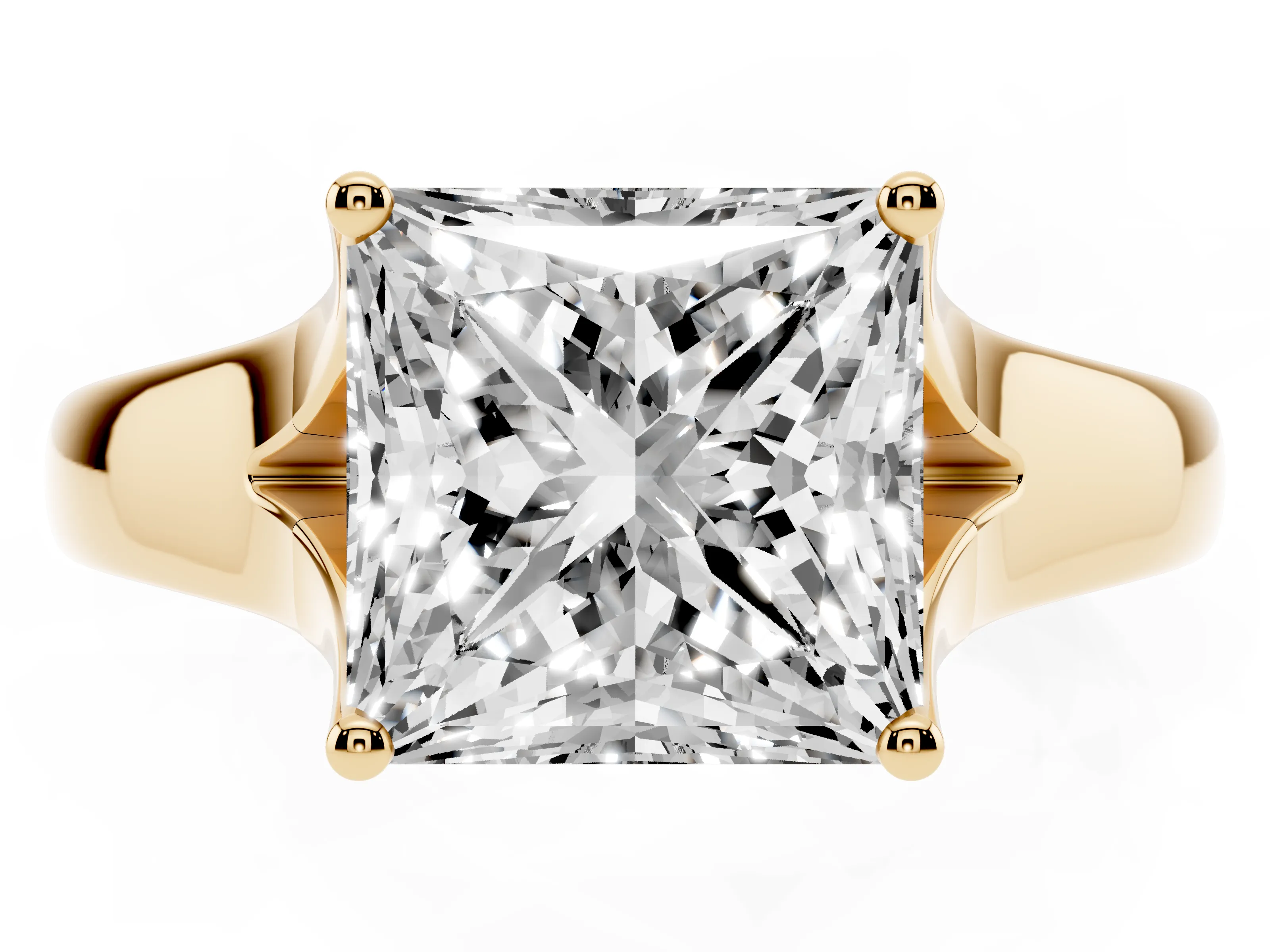 Princess Cut Diamond Solitaire Ring Set in Yellow gold with Arched Cathedral Band and Prong Setting