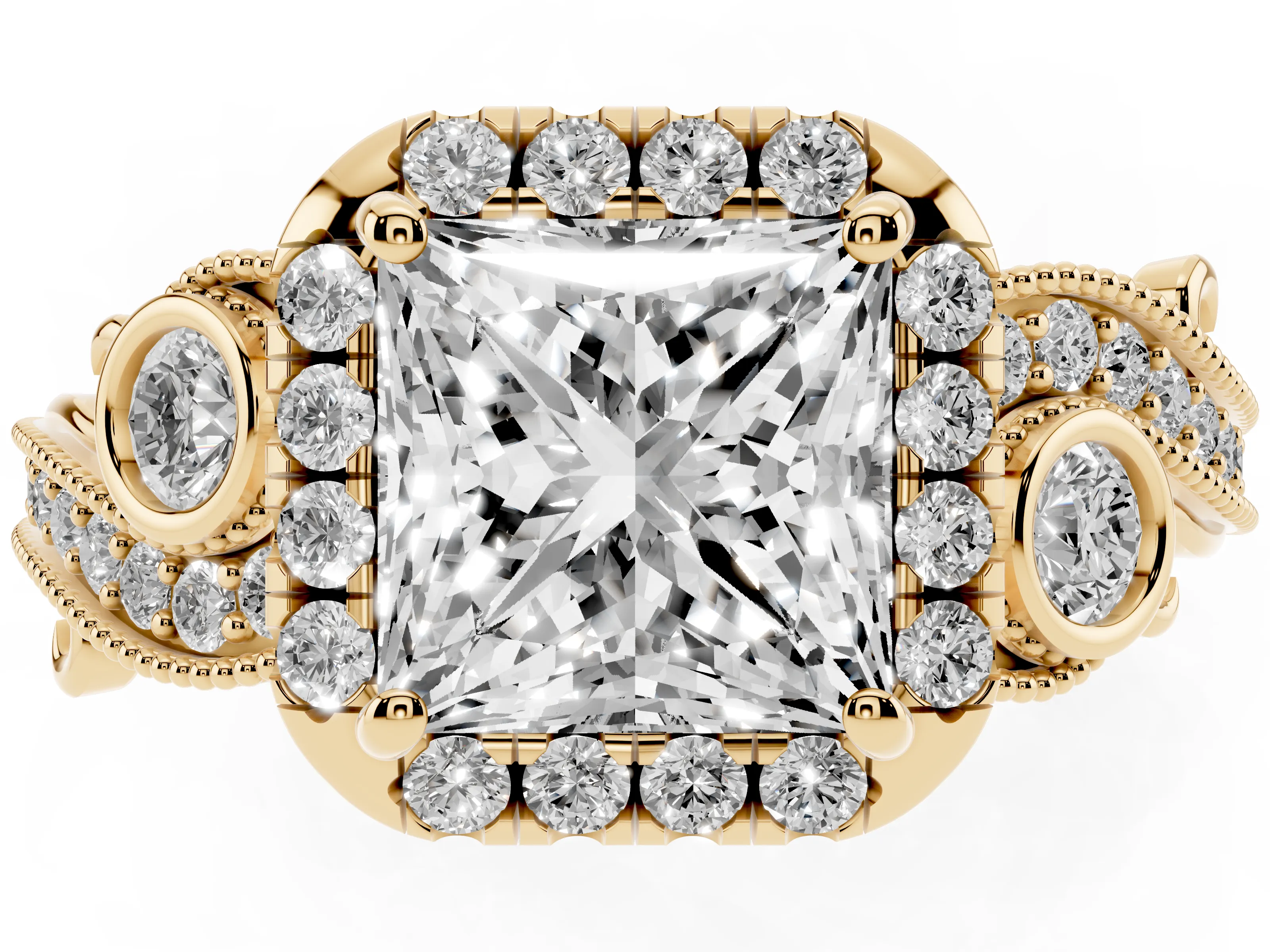 Princess Cut Diamond Halo Split Shank Ring Set in Yellow gold with Milgrain and Bezel Accents