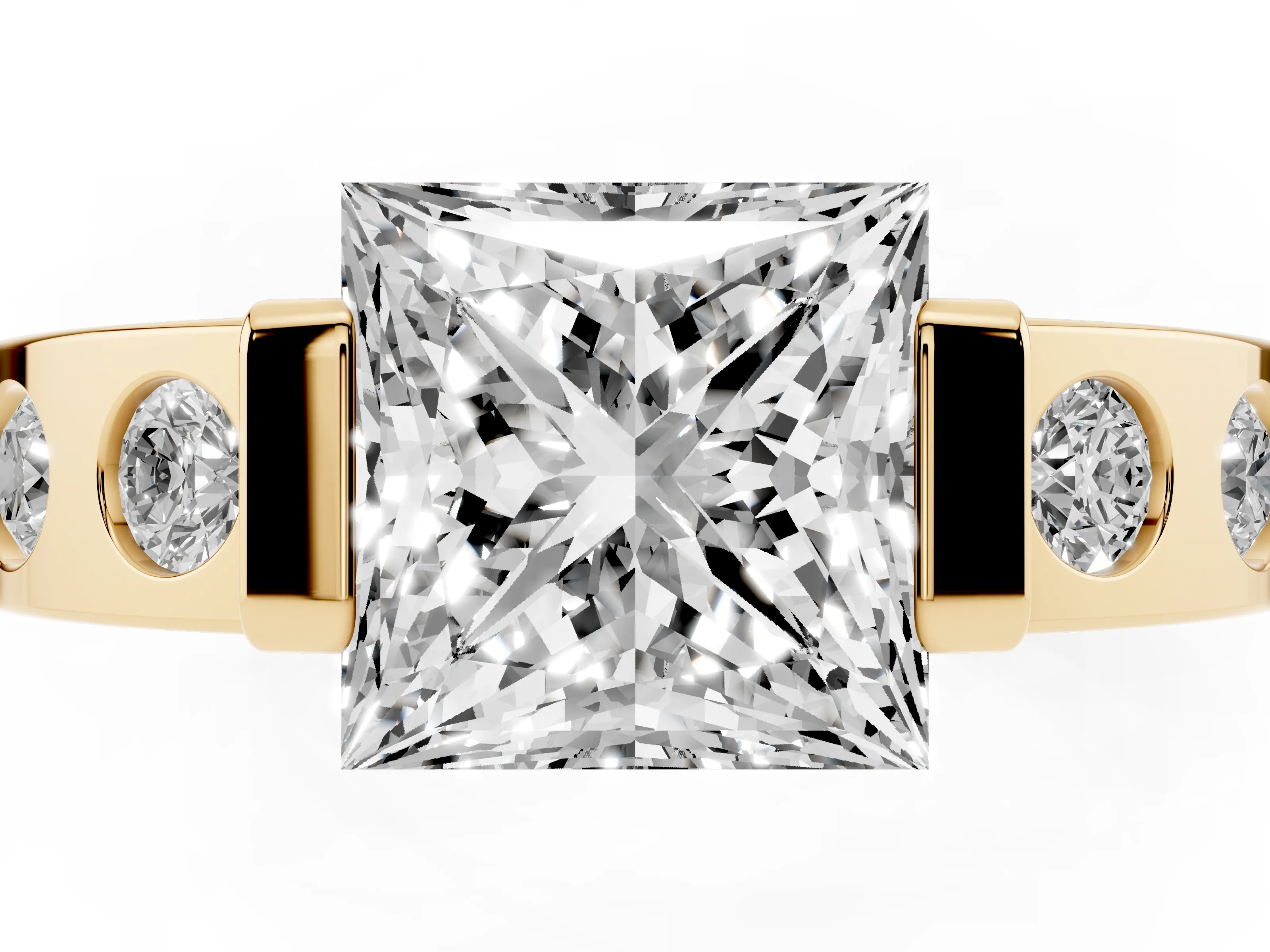 Princess Cut Diamond Channel-Set Band Ring Set in Yellow gold with Bezel Prong Setting