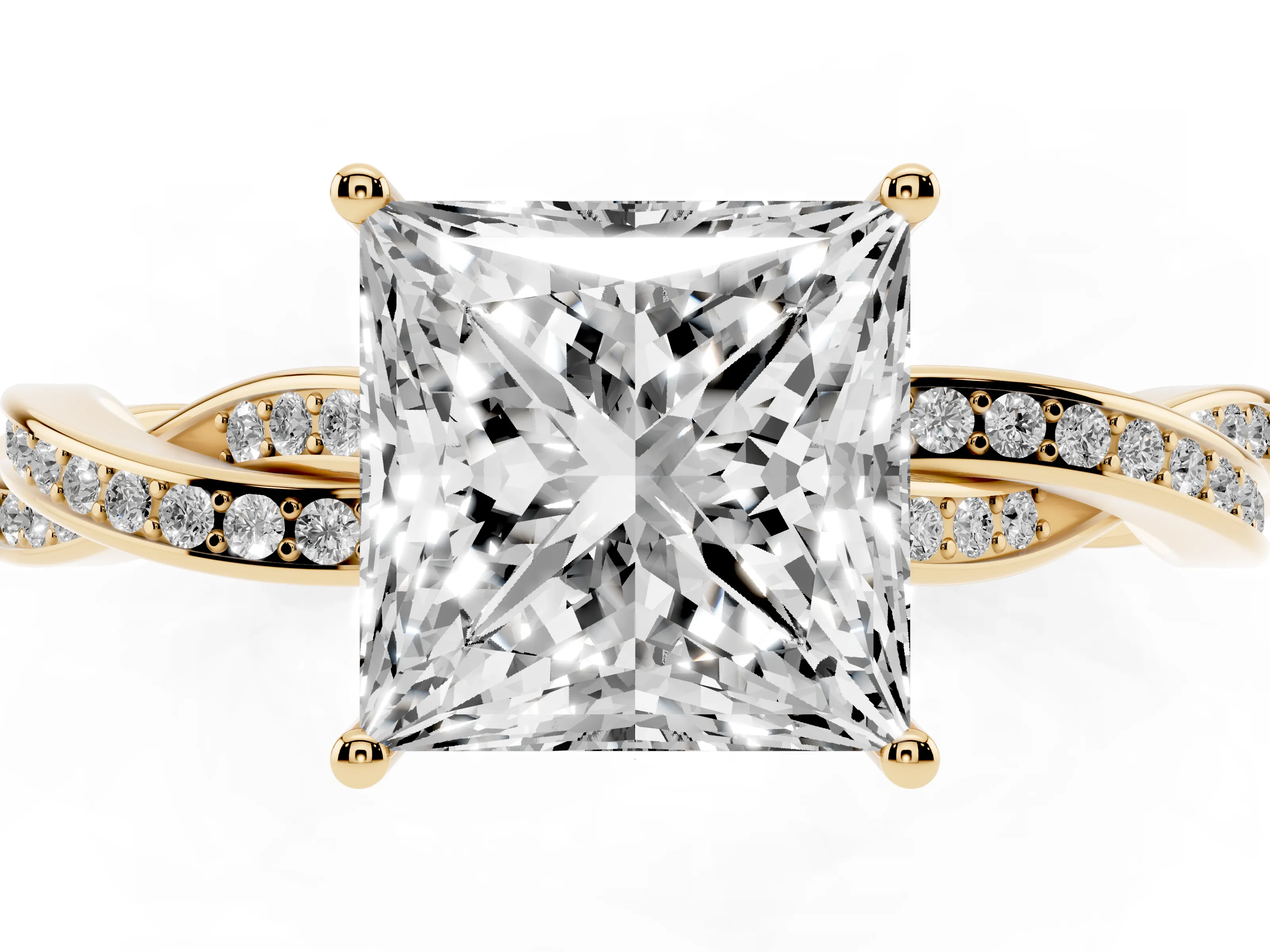 Princess Cut Diamond Solitaire Twisted Pavé Ring Set in Yellow gold with Prong Setting