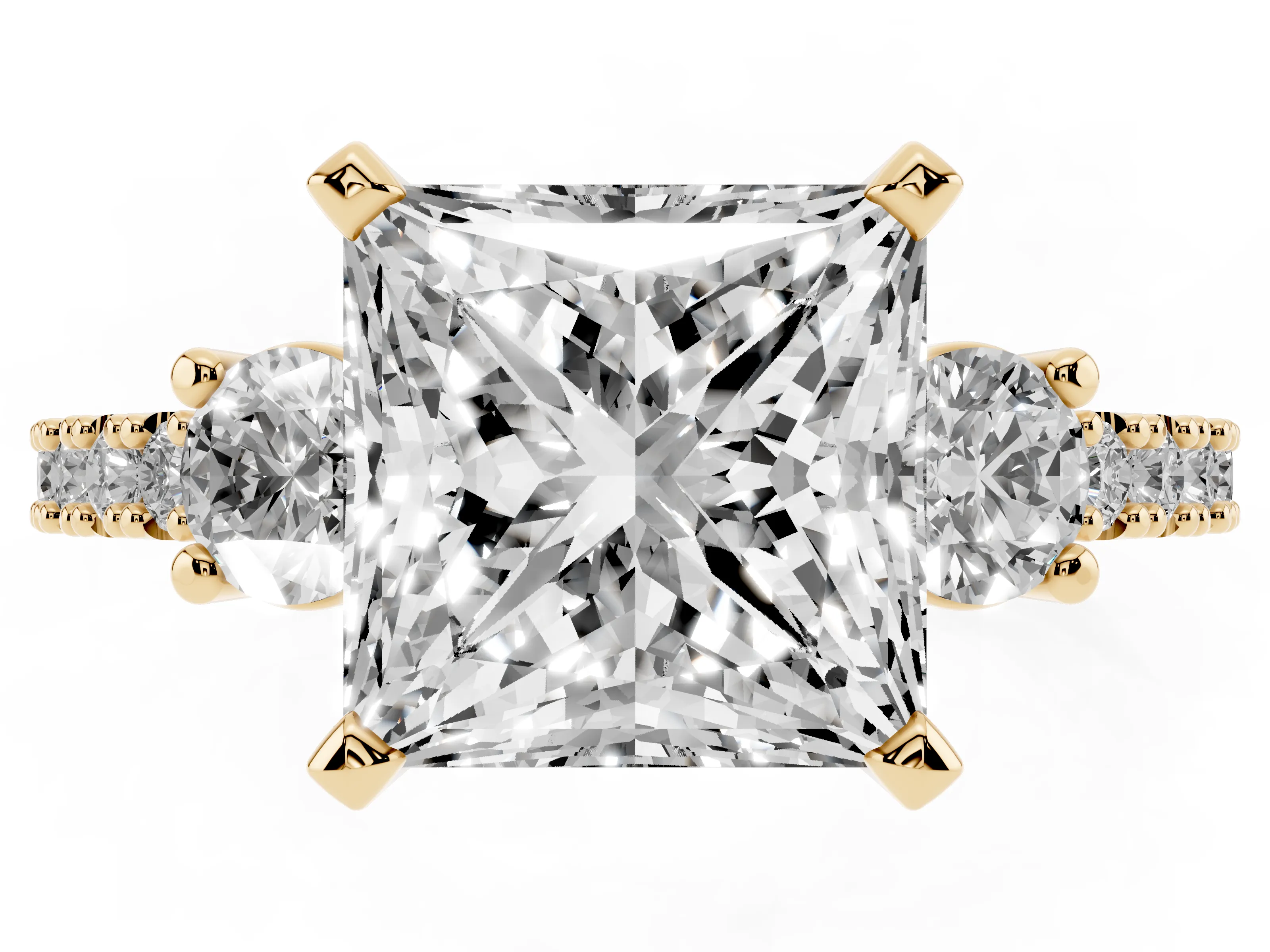 Three-Stone Princess Cut Diamond Pavé Band Ring Set in Yellow gold with Prong Setting