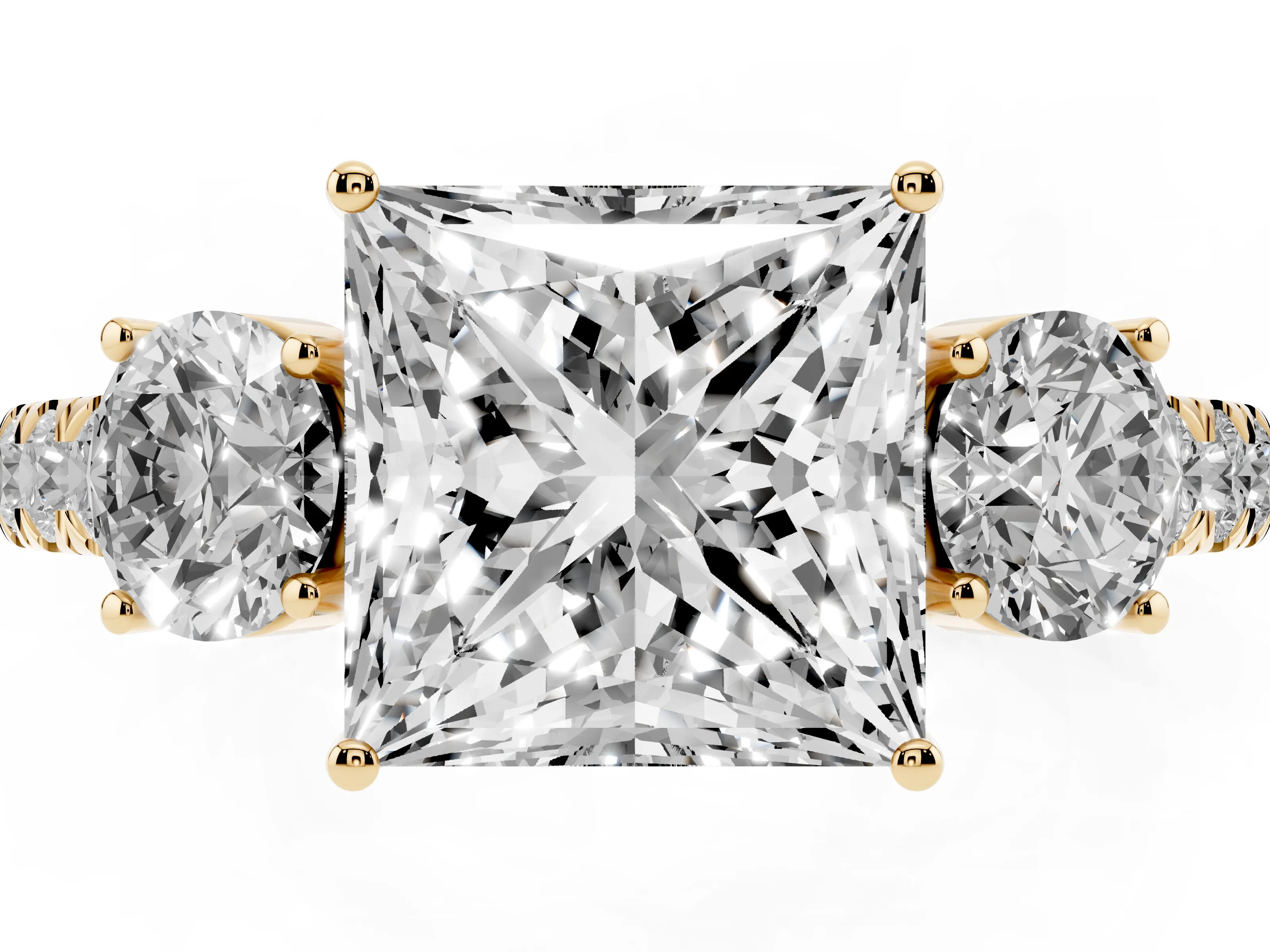 Princess Cut Diamond Three-Stone Ring Set in Yellow gold with Round Side Stones and Delicate Pavé Band