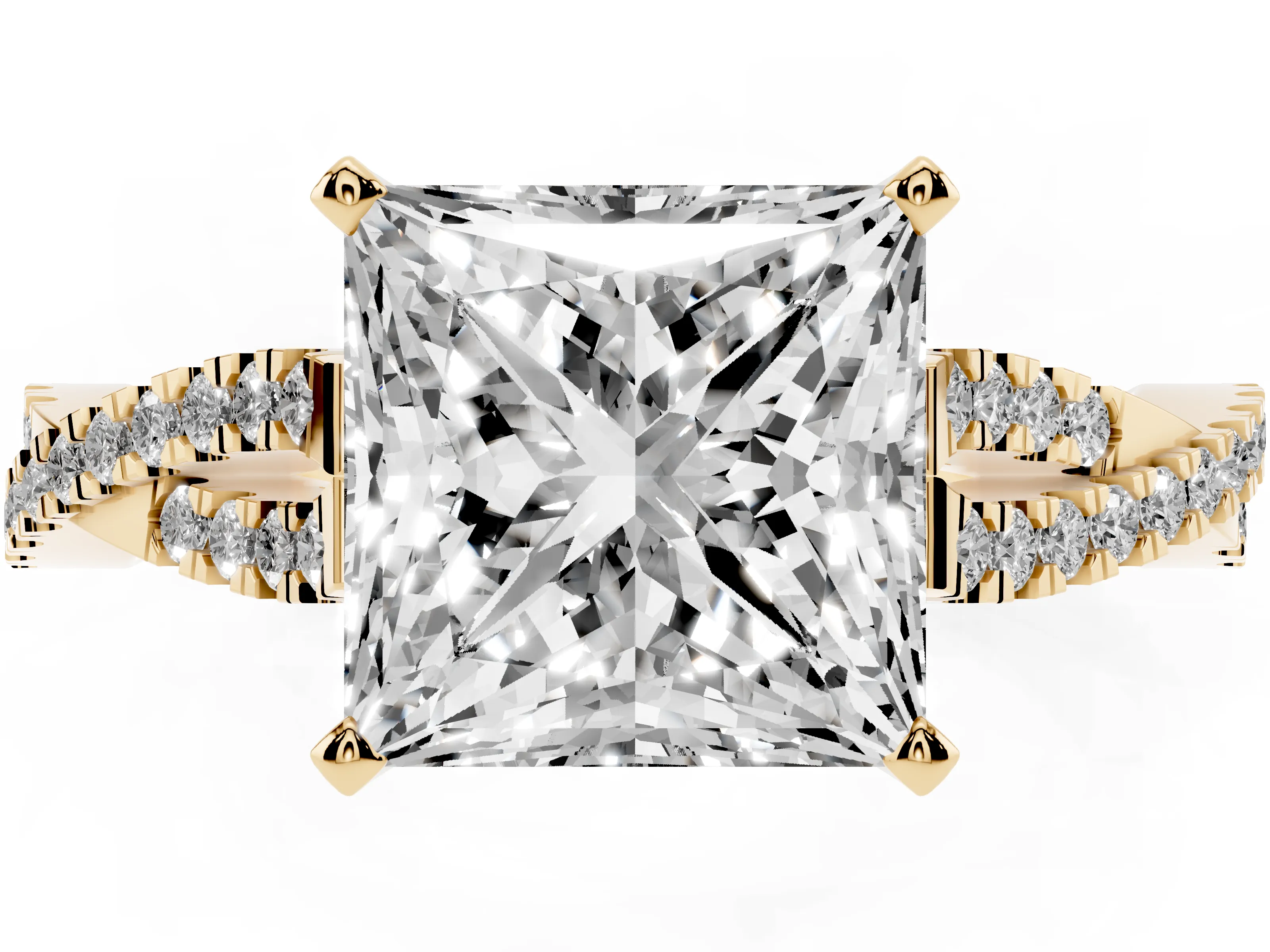 Princess Cut Diamond Solitaire Engagement Ring Set in Yellow gold with Twisted Pavé Band and Prong Setting