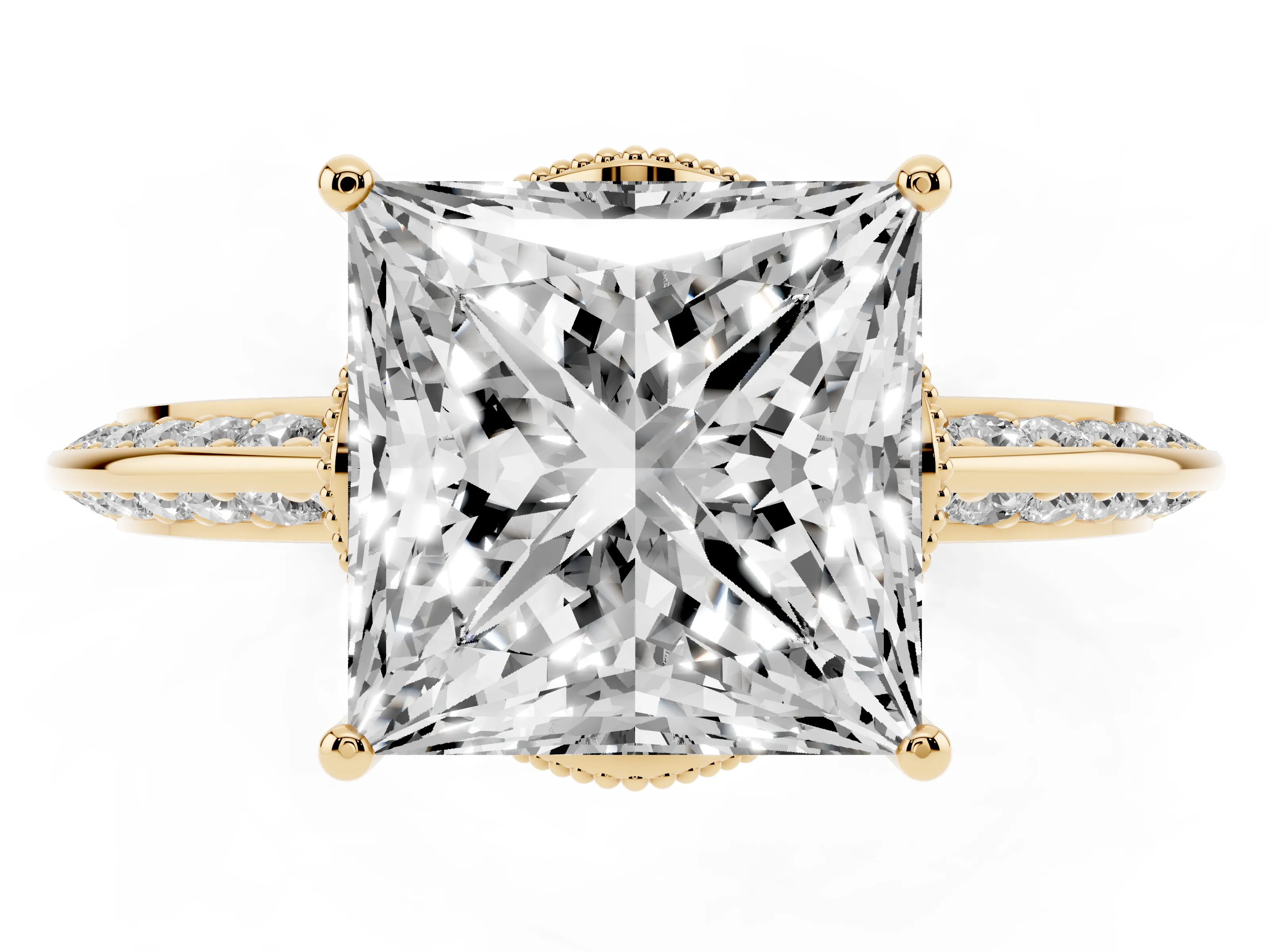 Princess Cut Diamond Solitaire Engagement Ring Set in Yellow gold with Pavé Split Shank and Prong Setting