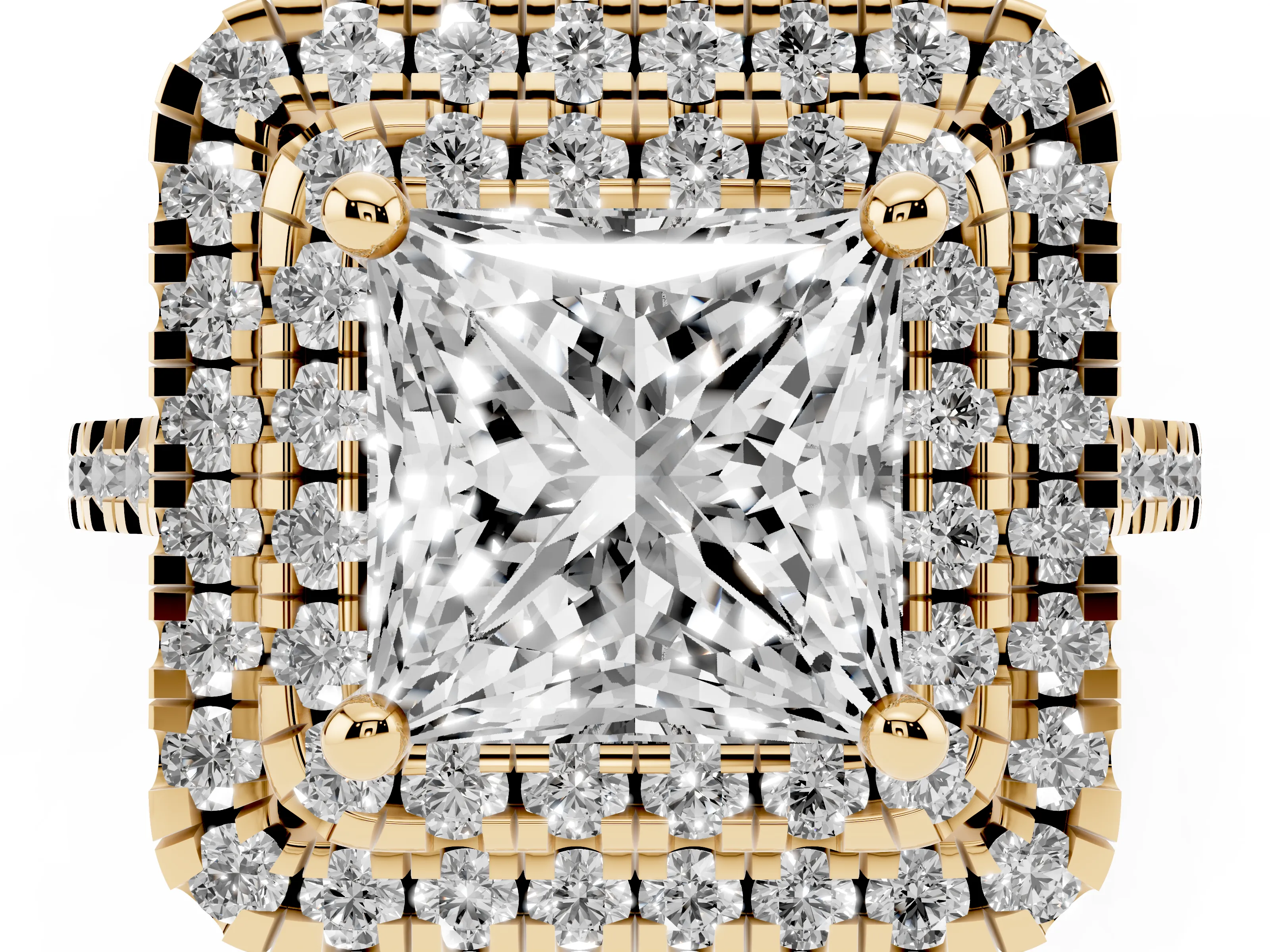 Princess Cut Diamond Double Halo Statement Ring Set in Yellow gold with Pavé Band