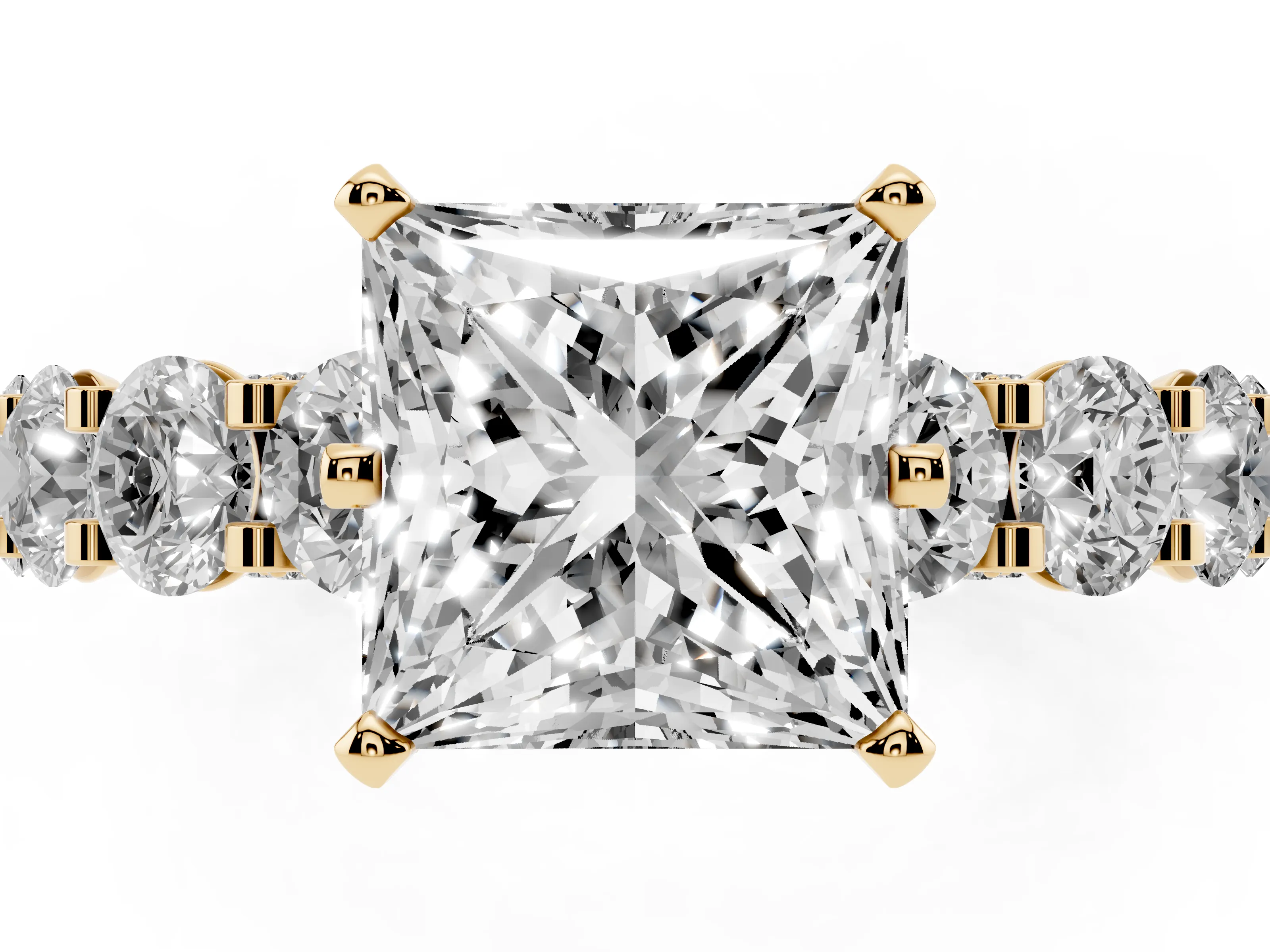 Princess Cut Diamond Side Stone Ring Set in Yellow gold with Alternating Round and Oval Side Stones