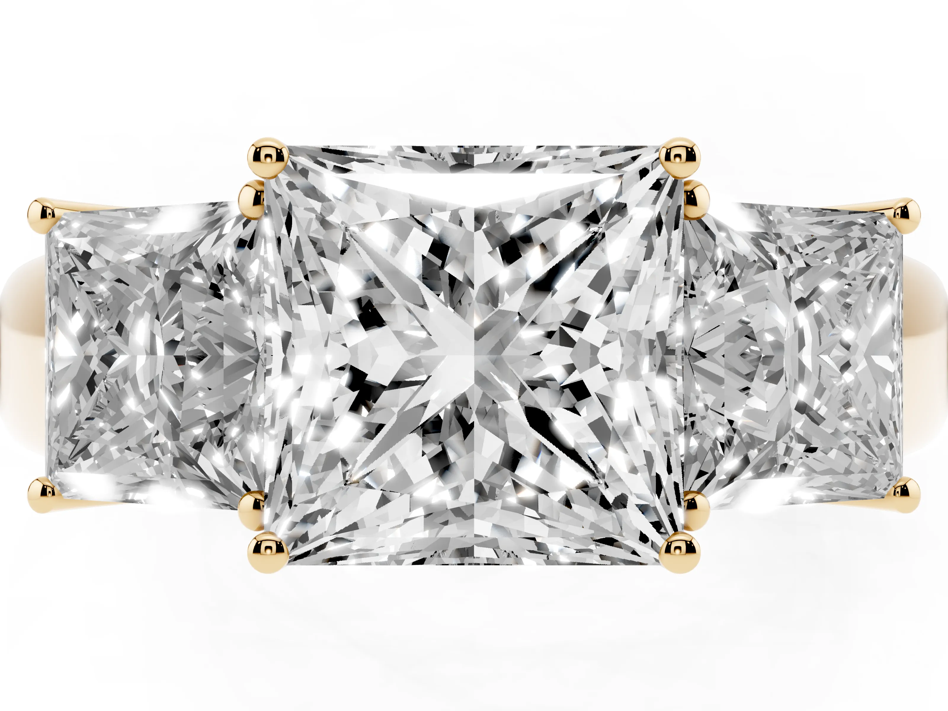 Three-Stone Princess Cut Diamond Ring Set in Yellow gold with Matching Prong Settings and Plain Band