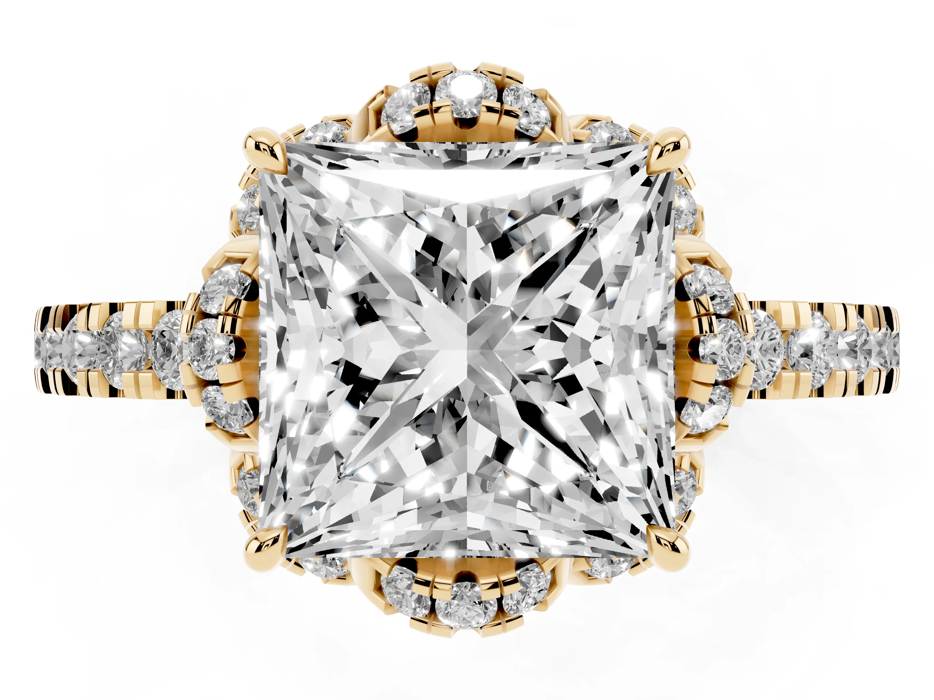 Princess Cut Diamond Halo Pavé Band Ring Set in Yellow gold with Prong-Held Center
