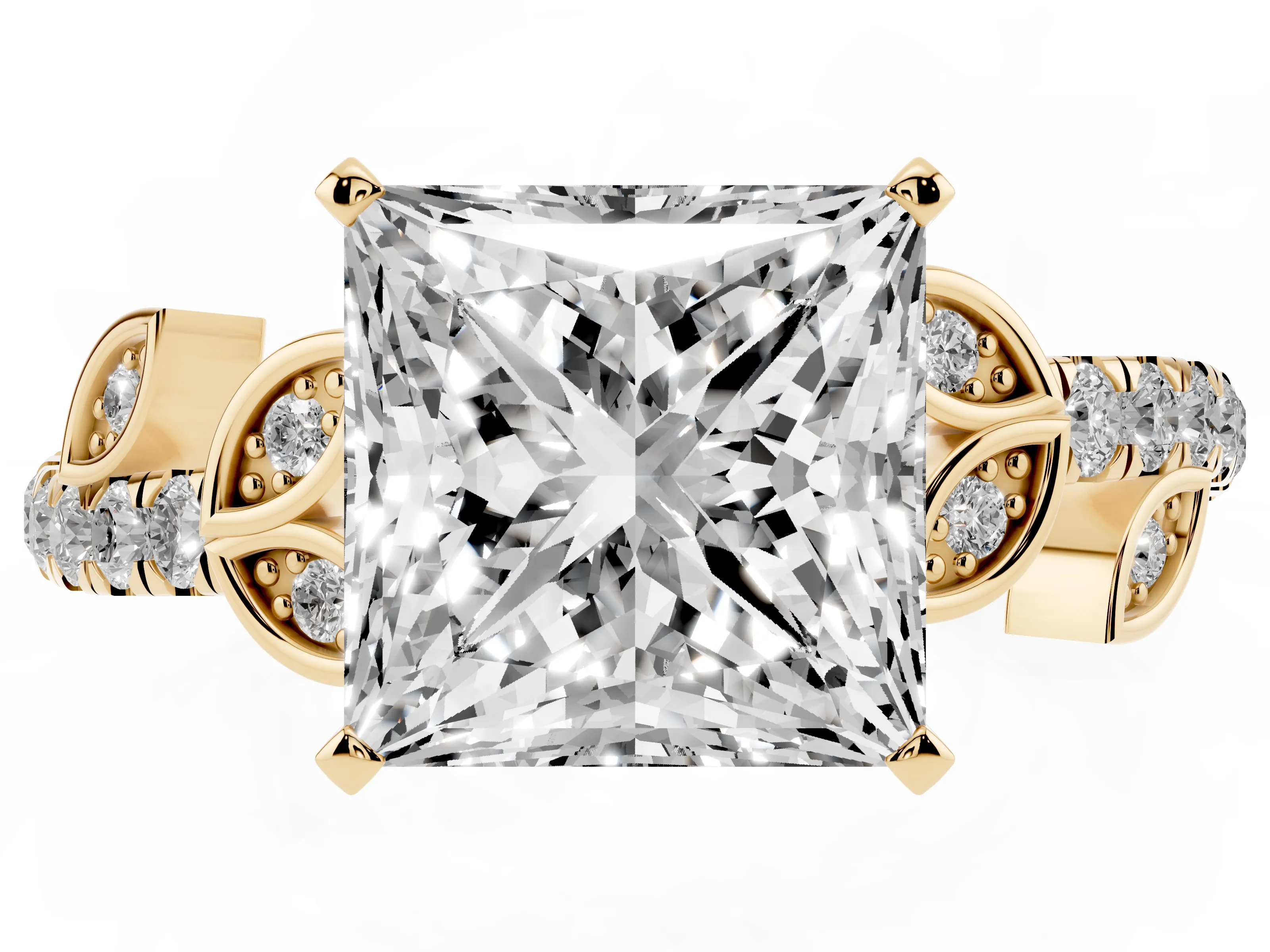 Princess Cut Diamond Solitaire Leaf-Inspired Ring Set in Yellow gold with Pavé Band and Prong Setting