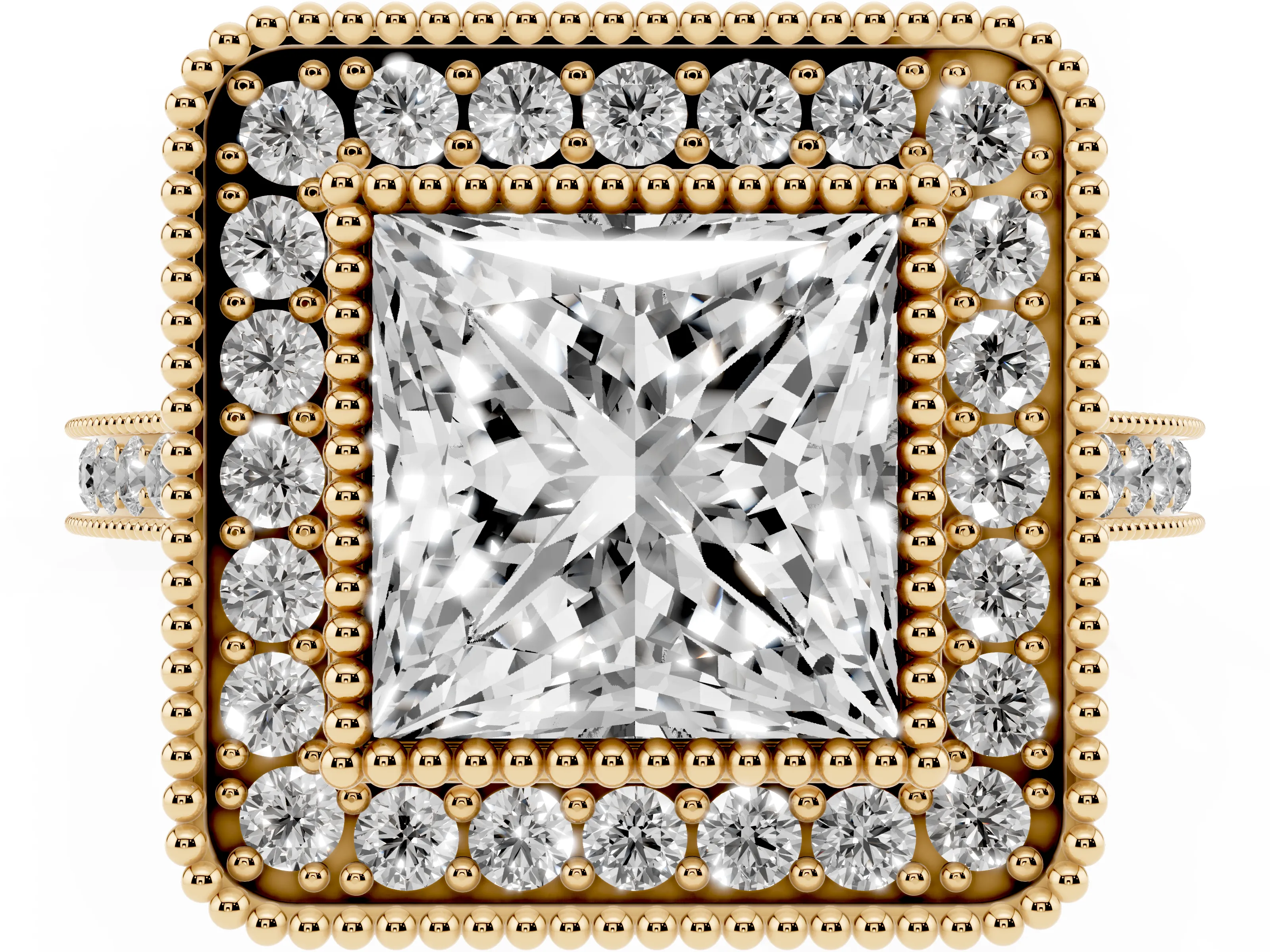 Princess Cut Diamond Halo Ring Set in Yellow gold with Milgrain Frame and Pavé Band