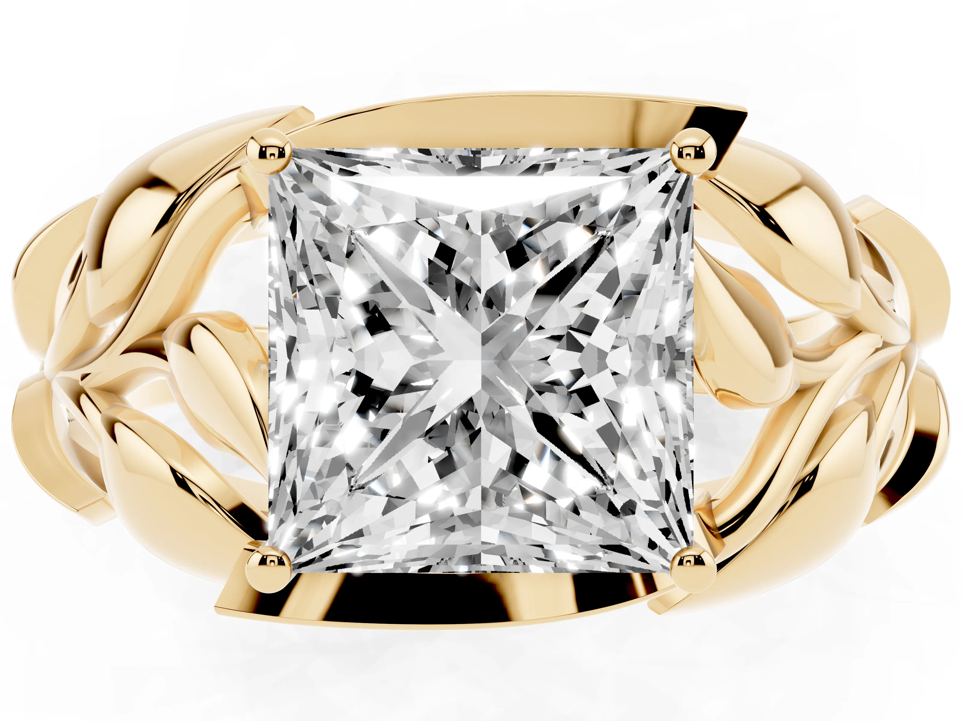 Princess Cut Diamond Leaf-Inspired Engagement Ring Set in Yellow gold with Round Accents
