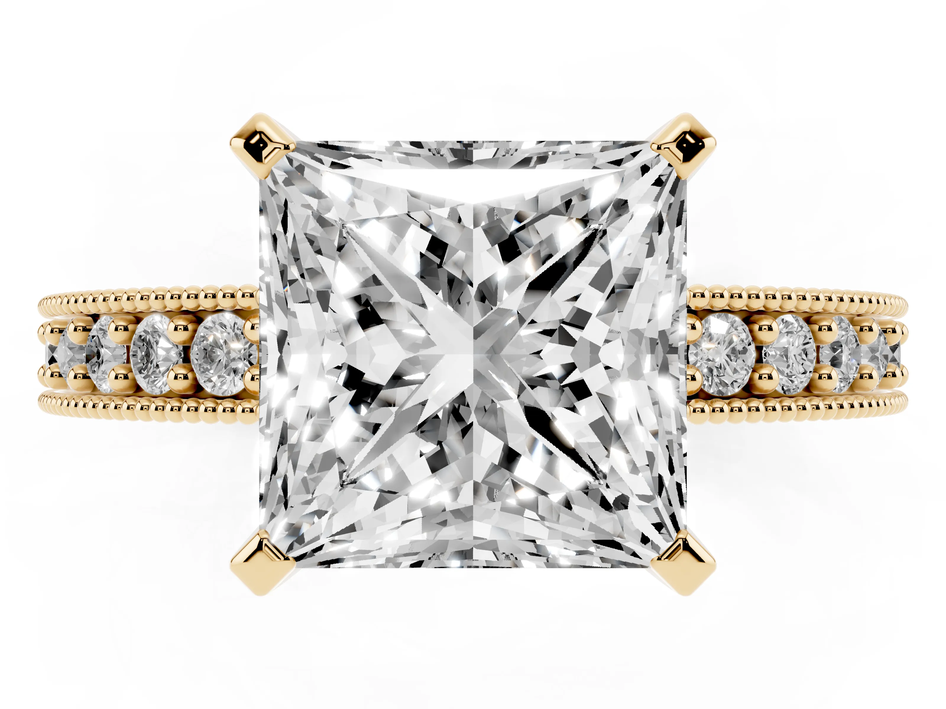 Princess Cut Diamond Milgrain Pavé Engagement Ring Set in Yellow gold with Prong Setting