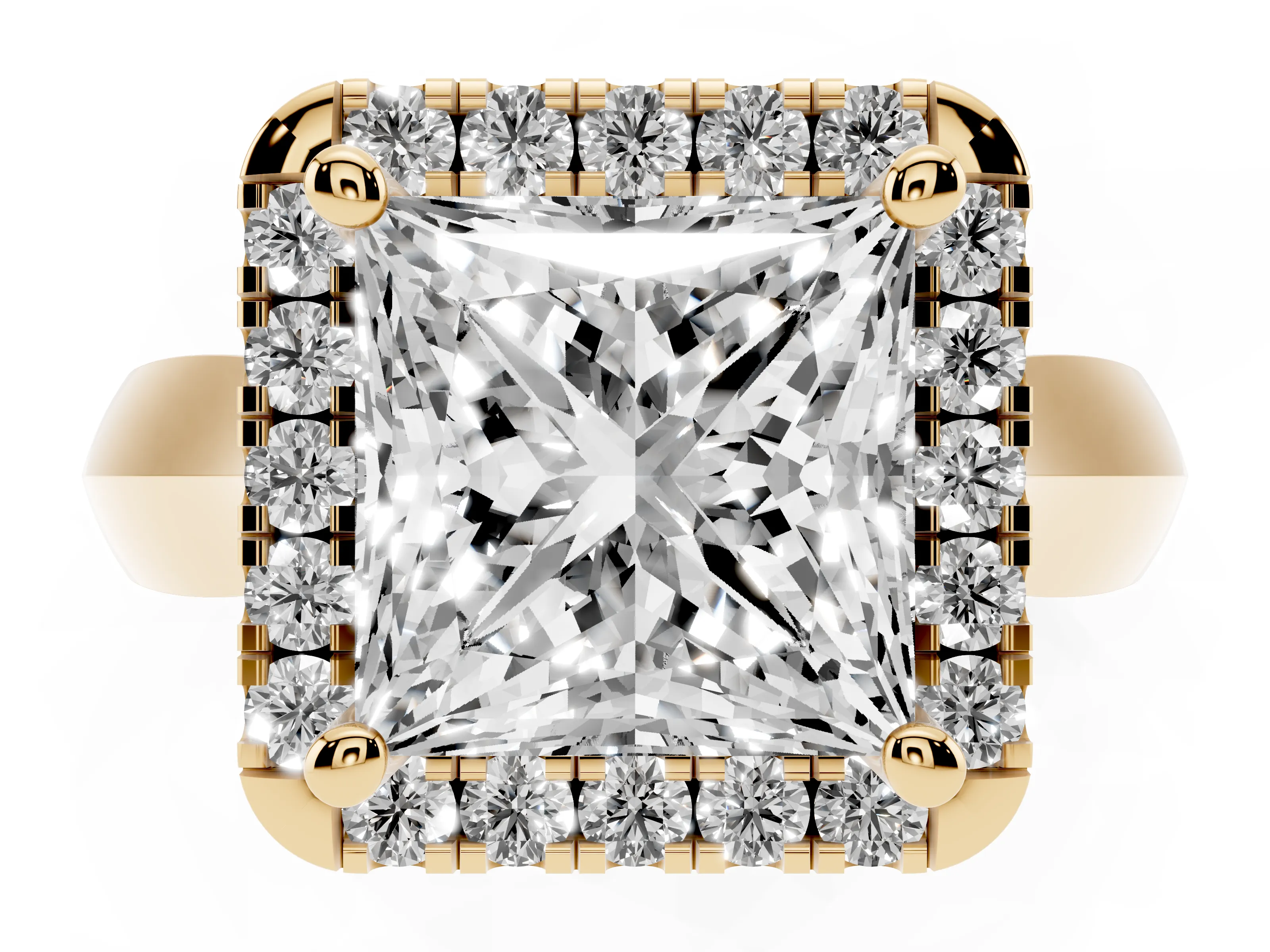 Princess Cut Diamond Halo Solitaire Engagement Ring Set in Yellow gold with Square Band and Prong Setting