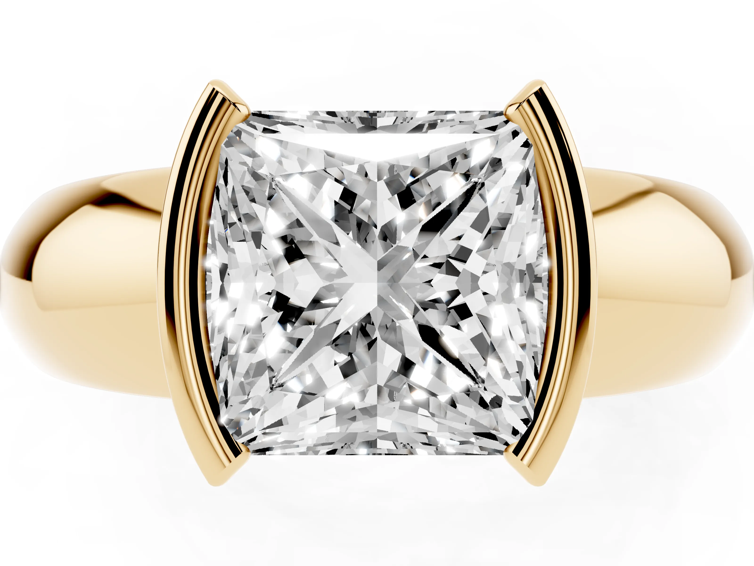 Princess Cut Diamond Solitaire Tension Set Ring Set in Yellow gold with Wide Band